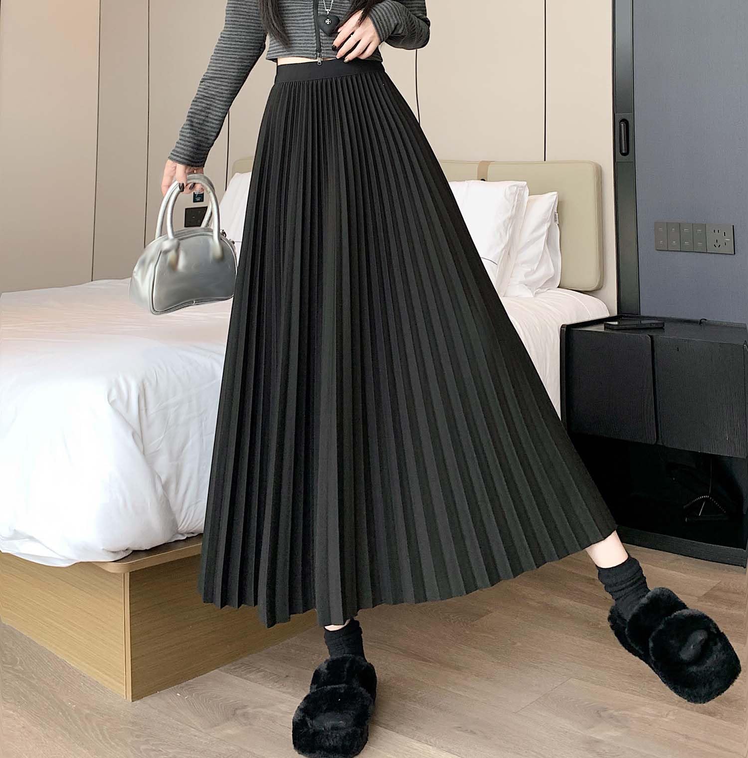 Maxi gonna a pieghe da donna autunno inverno a vita alta elastica A-Line gonne lunghe per le donne alla moda caviglia taglie forti