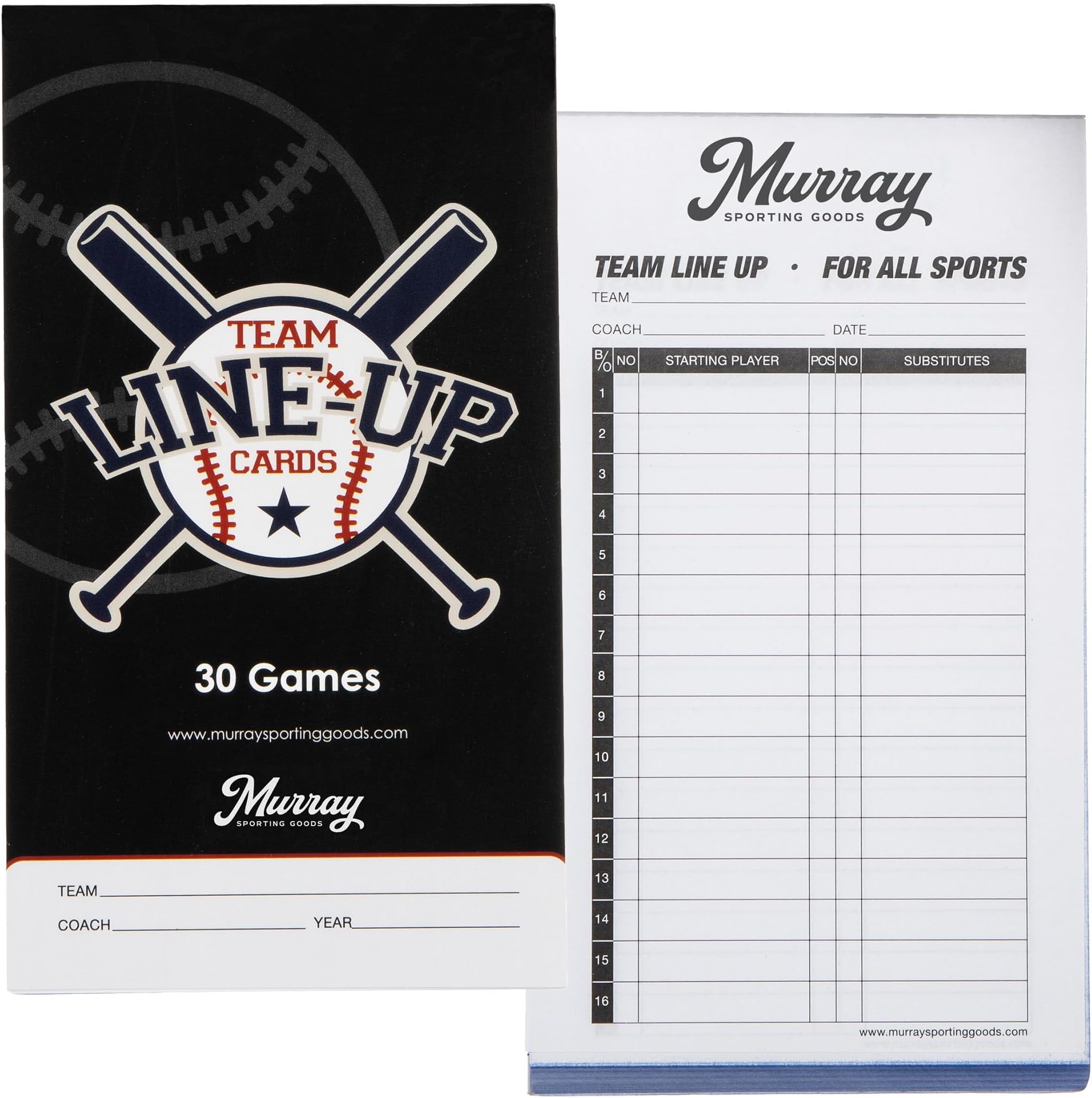 Murray Sporting Goods Baseball/Softball Lineup Cards - 30 Games with 16 Player Roster Lineup Sheet (4-Part Carbon Copies)