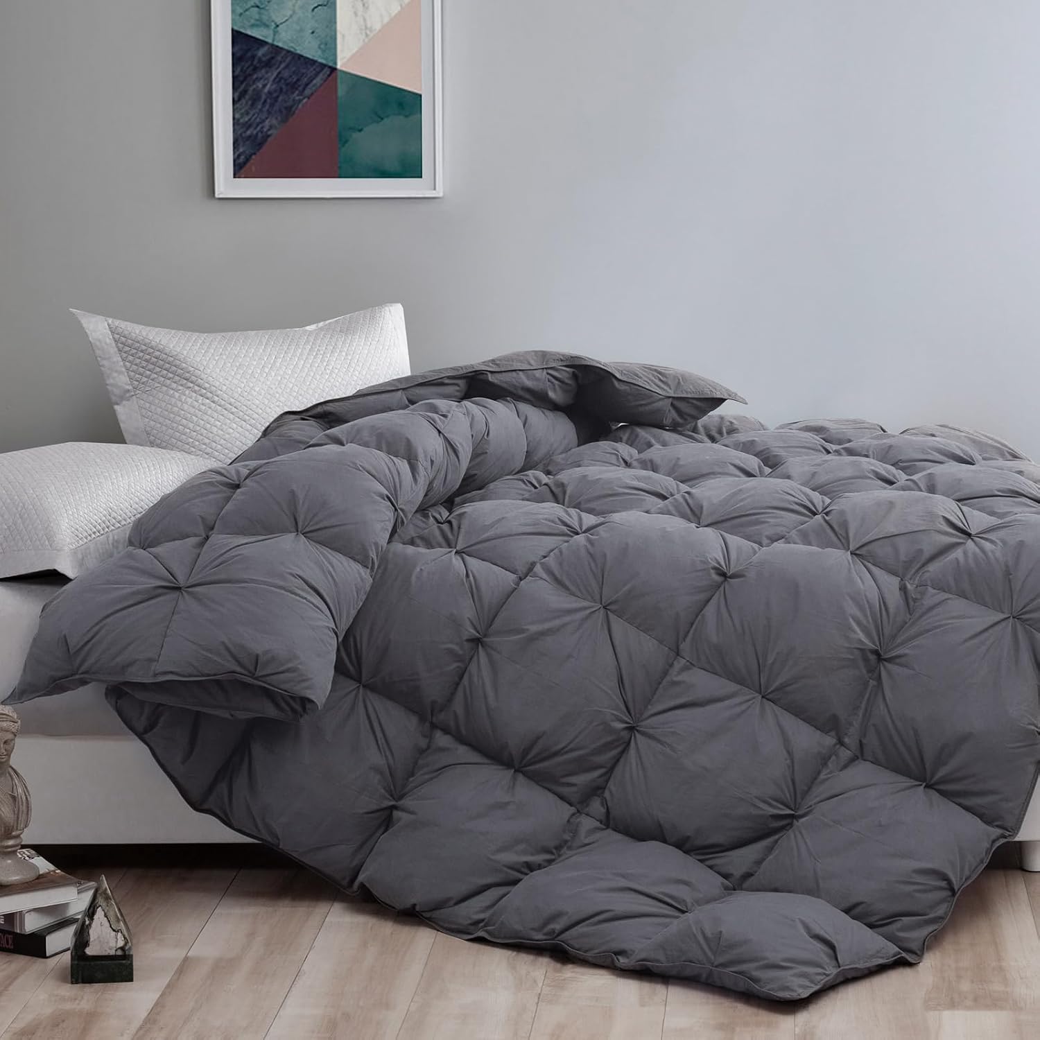 Grey Pinch Pleat Goose Down Comforter Fluffy Down Duvet Insert for Bedding Duvet with Corner Tabs 100% Cotton Cover Comforter (Size_King Pinch Pleat)