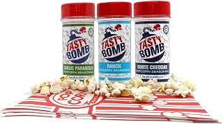 Flavorful Popcorn Seasoning Variety Pack – 3 Seasonings in White Cheddar, Ranch, Garlic Parmesan – Gluten-Free Keto Snack for Movie Nights & Gifts by Tasty Bomb, 2.8-3 Oz.