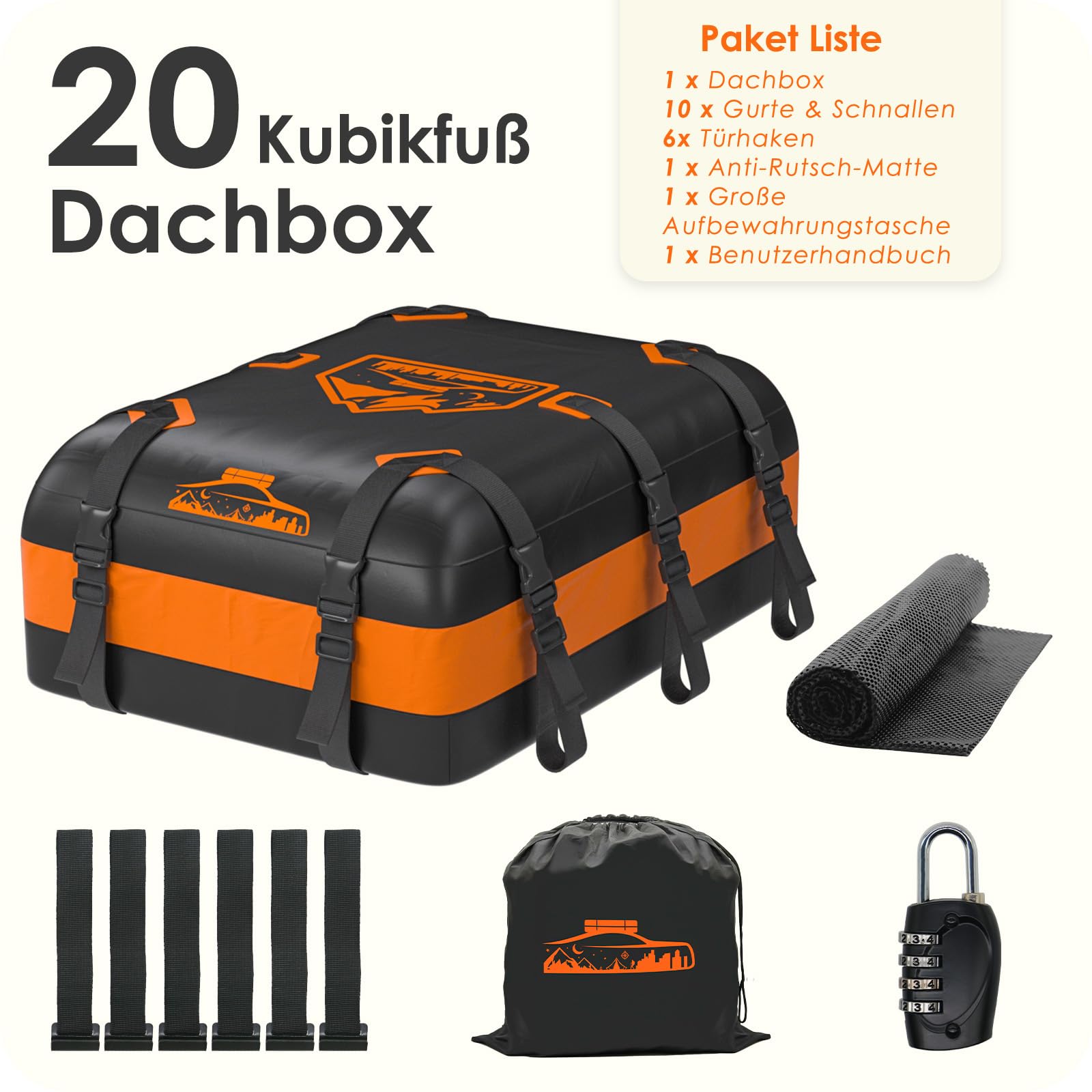 Dachbox Faltbar 15-21 Kubikmeter, 700D Wasserdicht Dachbox Auto, Dachbox mit Anti-Rutsch-Matte und 6 Hochleistung Riemen (20 Kubikmeter-Orange)