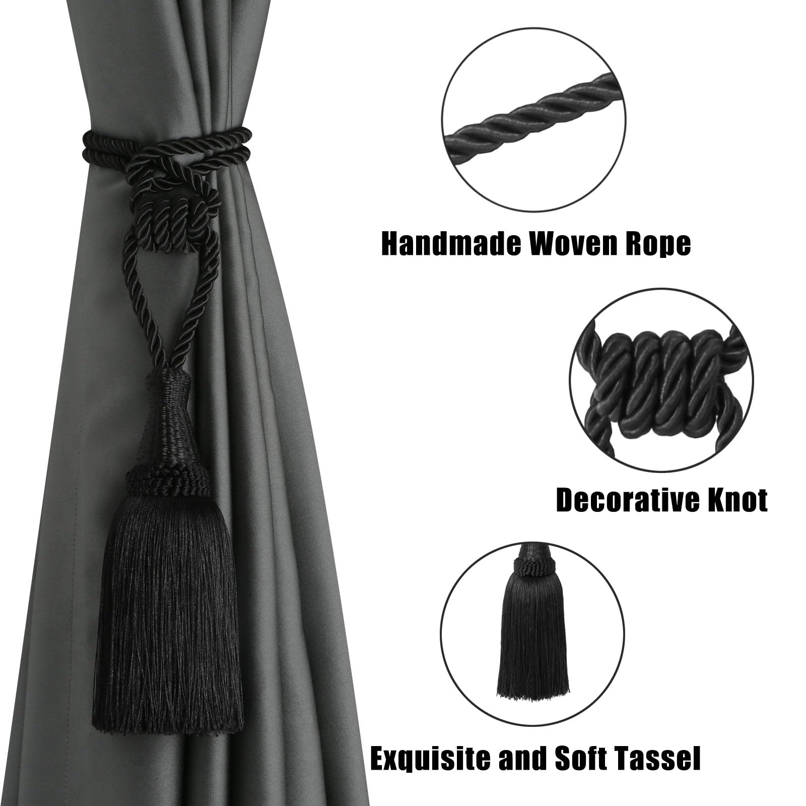 BEL AVENIR Vorhang-Raffhalter, handgewebt, für Vorhänge, dekorative Raffhalter mit Quasten (schwarz, 4 Stück)