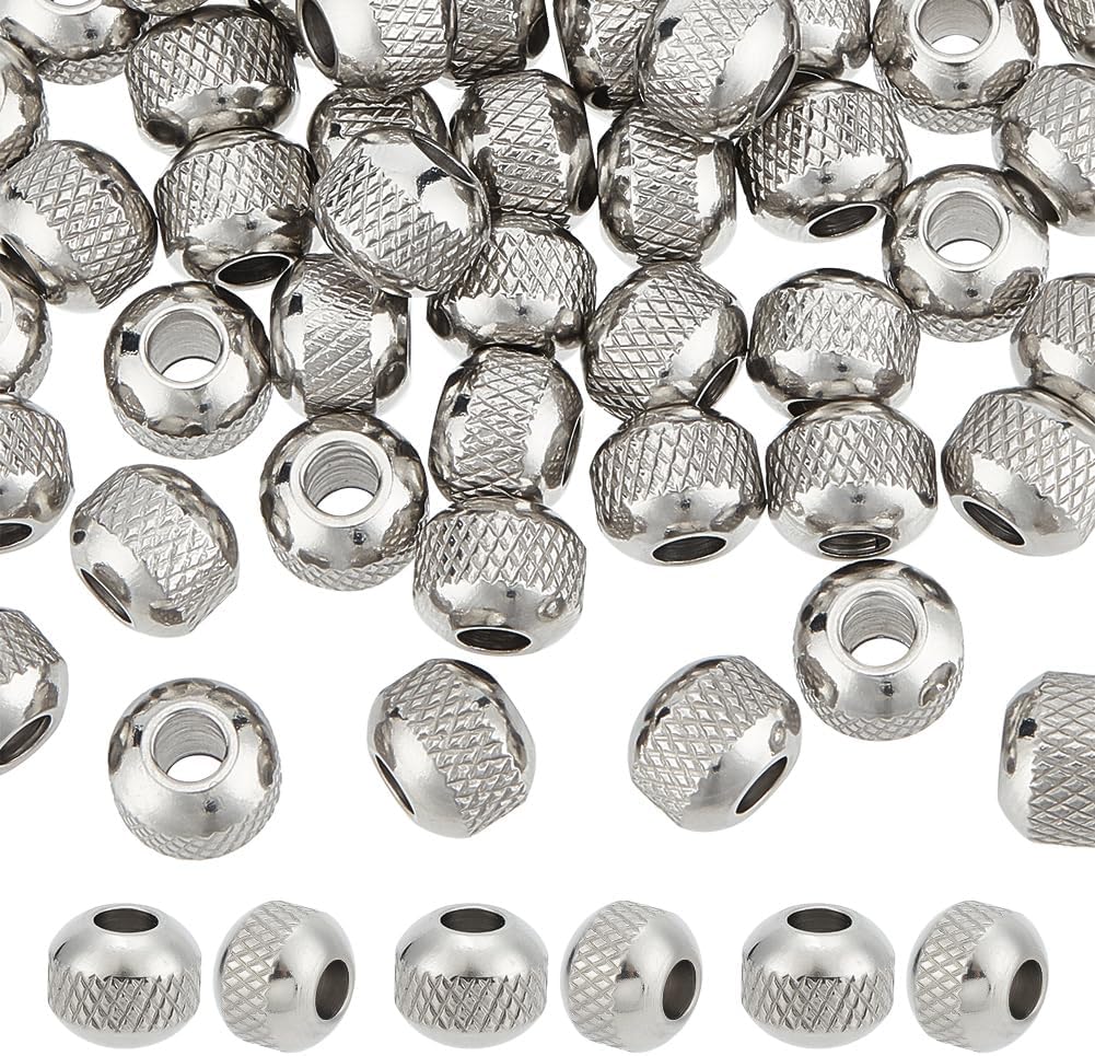 UNICRAFTALE 50pcs Round Stainless Steel Spacer Beads - 8mm Textured Rondelle Metal Beads for DIY Bracelet Necklace Jewelry Making