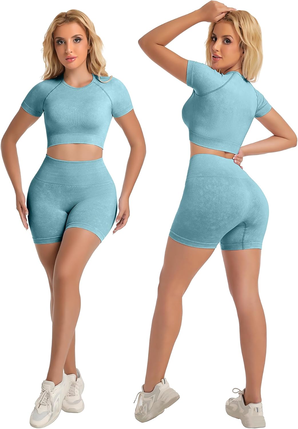 Womens Workout Sets 2 Piece Acid Wash Athletic Crop Top Running Shorts image 2