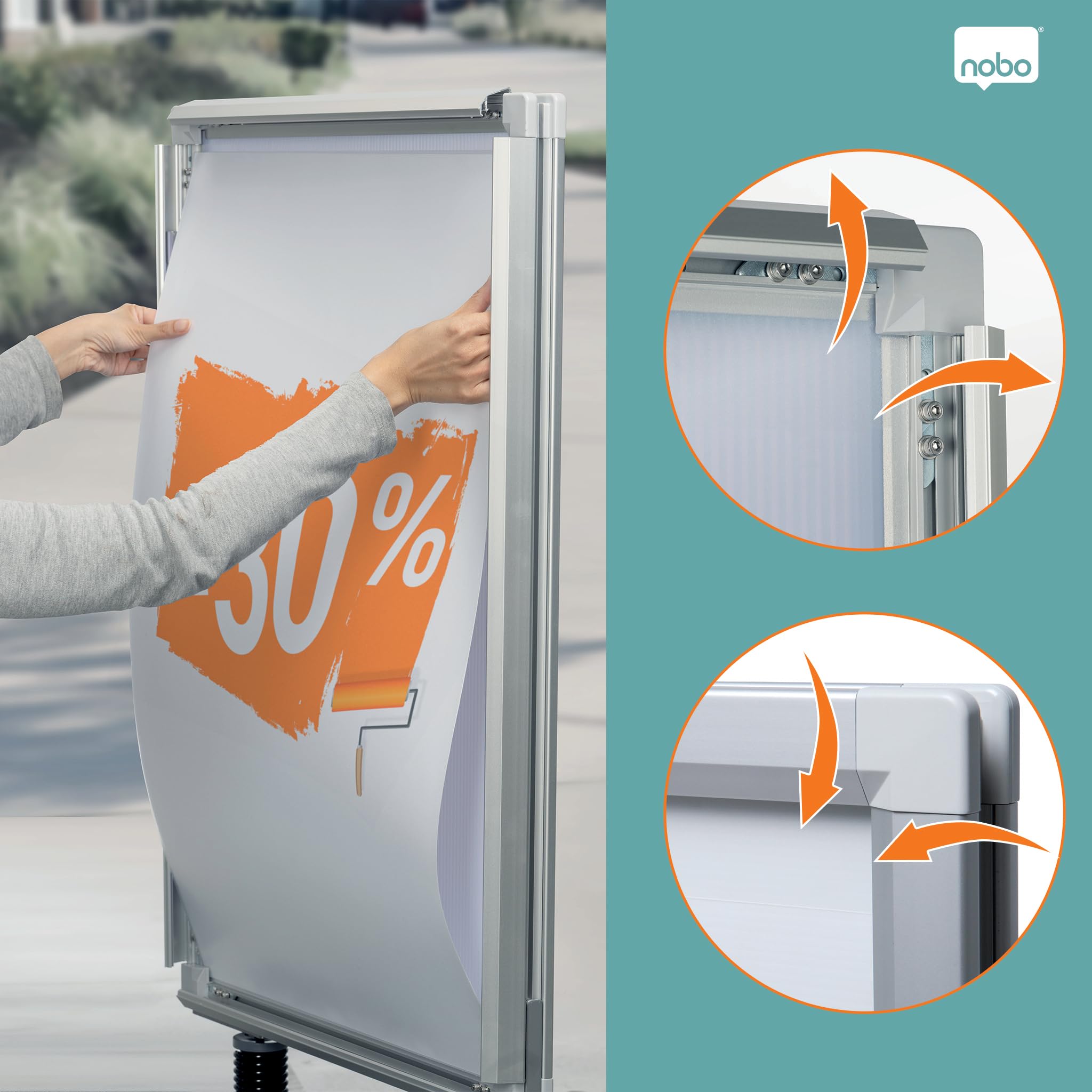Nobo Impression Pro A1 cartel de suelo con base estable lastrada | Marco doble cara apertura rápida, cubierta PP antirreflejos, ruedas ocultas, exterior, tienda, comercio, restaurante