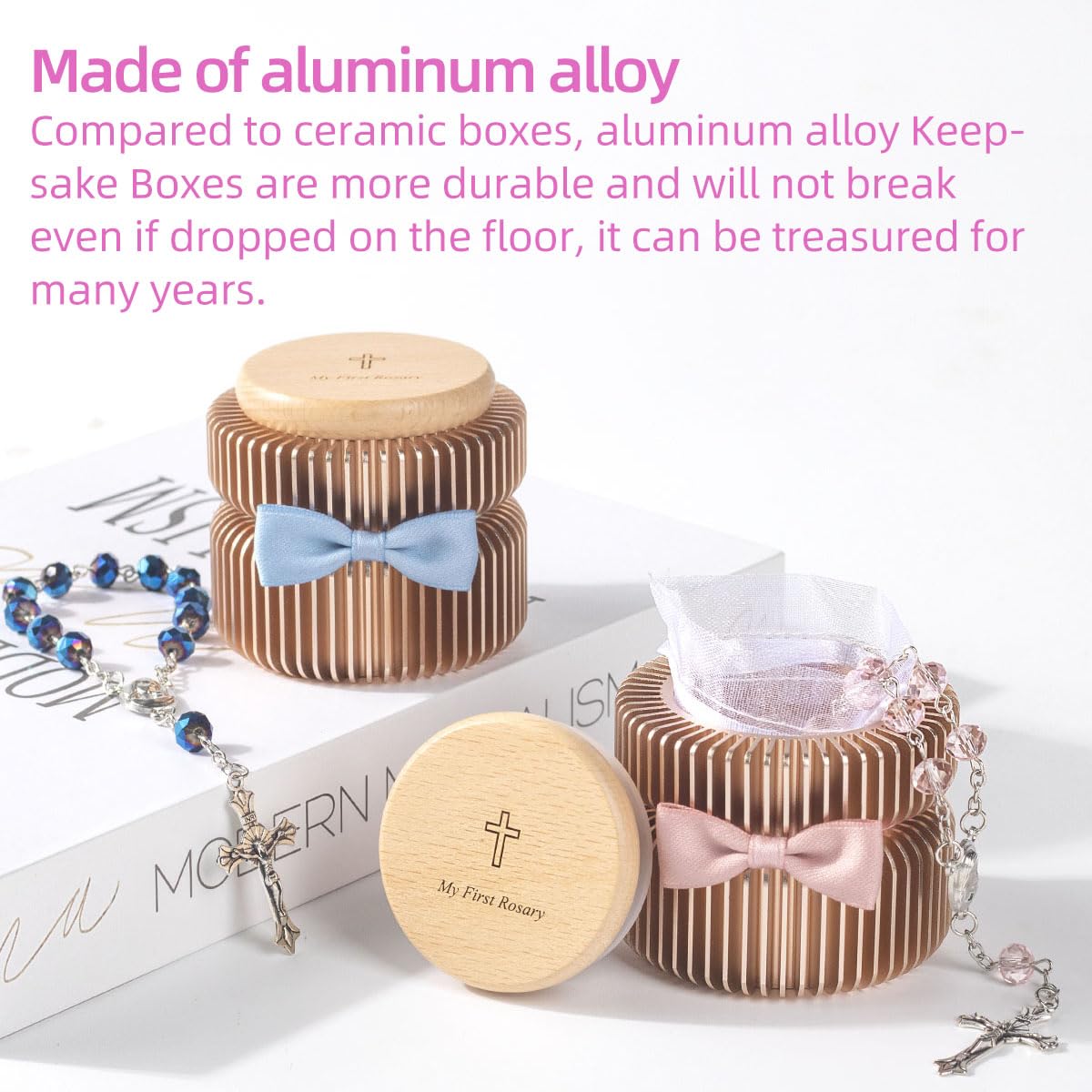 Baptism Gifts for Baby Boy, My First Rosary and Shatterproof Aluminum Keepsake Box with Bow Tie, Catholic Christening, Dedication and First Communion Gift, Engraved Wooden Lid, iwoohome(Blue)