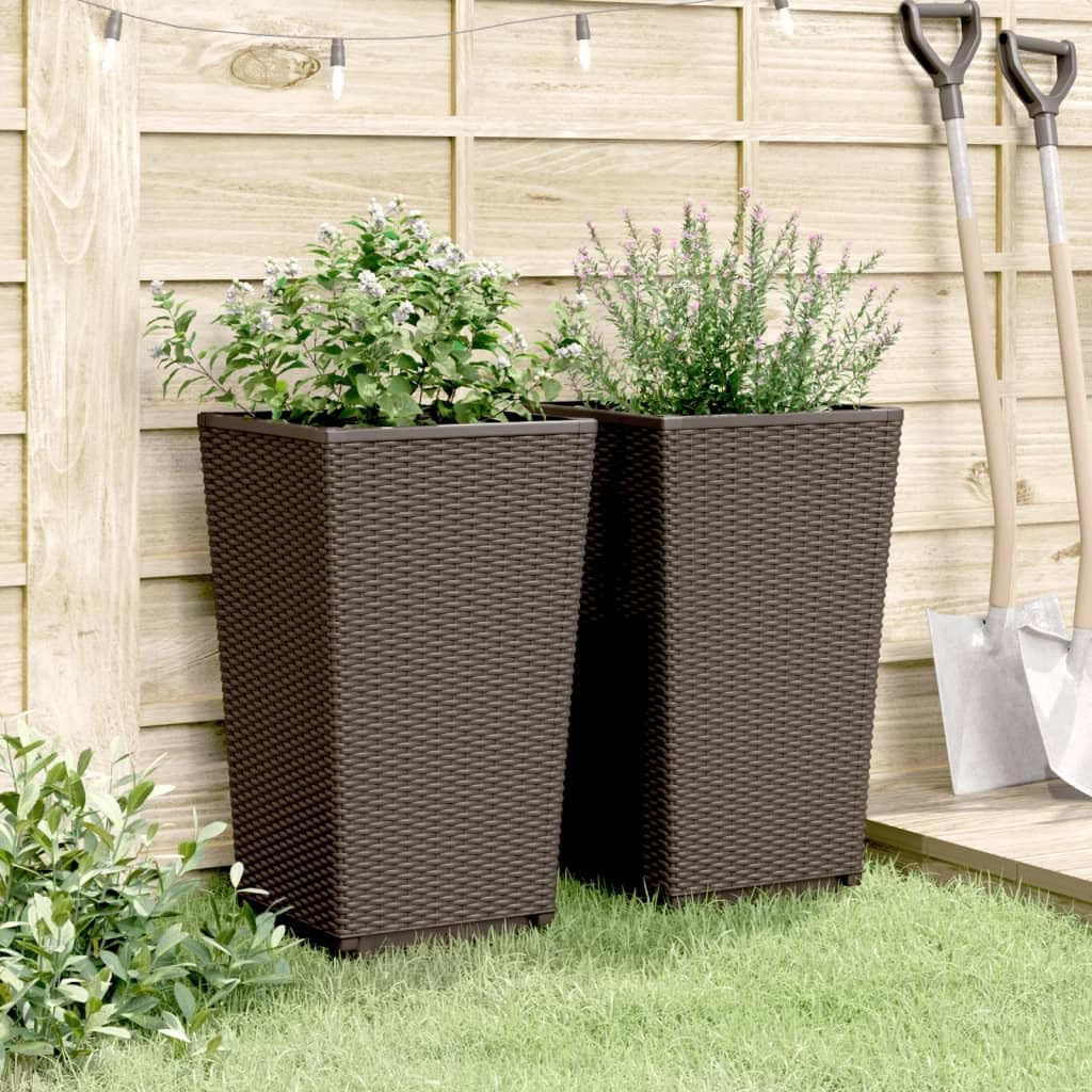 Doniczkowy pojemnik z rattanowym wykończeniem, 32,5 x 32,5 x 57 cm, zestaw do użytku wewnątrz i na zewnątrz, do ogrodu, na balkon, patio i do salonu