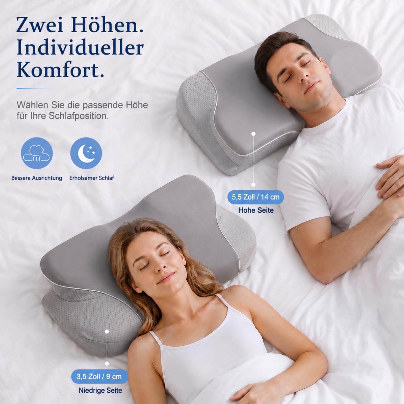 Nackenstützkissen Memory Schaum Ergonomisches Kopfkissen für Seitenschläfer Orthopädisches Schlafkissen zur Nackenentlastung mit 2 Höhen & atmungsaktivem Öko-Tex Bezug
