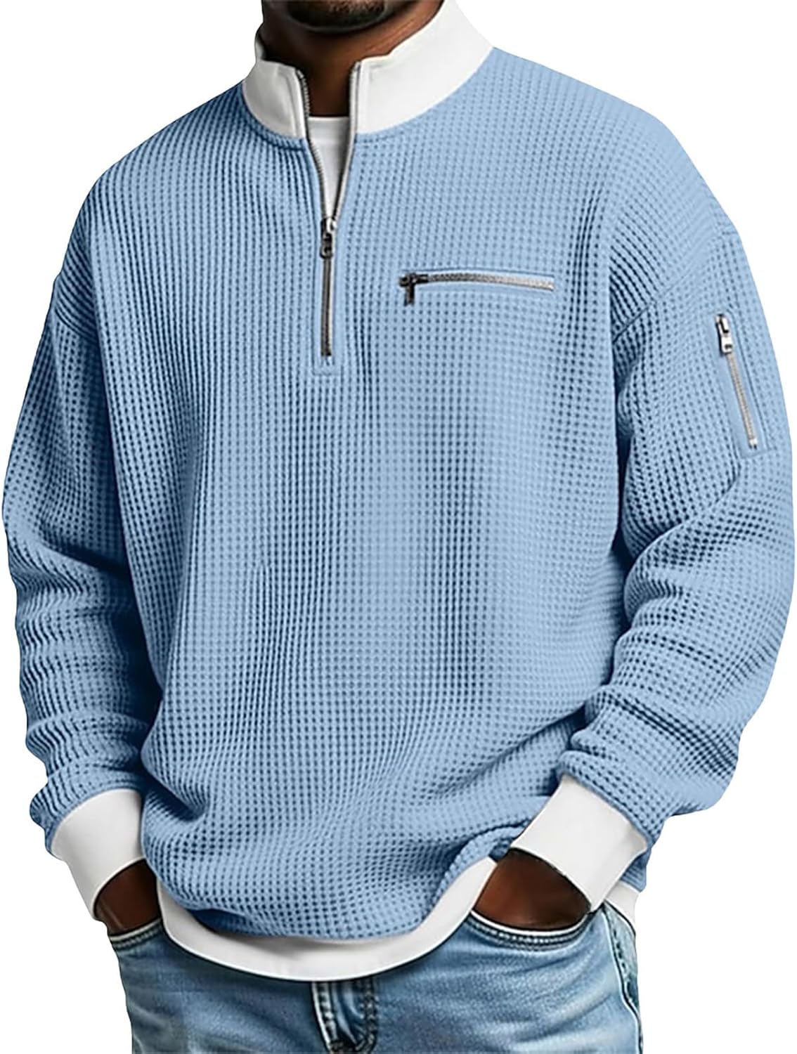 Men's Waffle Sweatshirt Oversized Baggy Long Sleeve Quarter Zip Pullover Tops Mock Neck Business Casual Work Shirts
