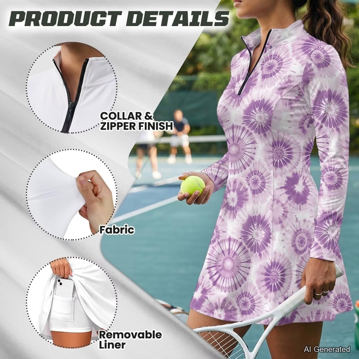 Poceacles Women Workout Dress with Separate Shorts Long Sleeve Tennis Golf Dress Pickleball Athletic Outfits