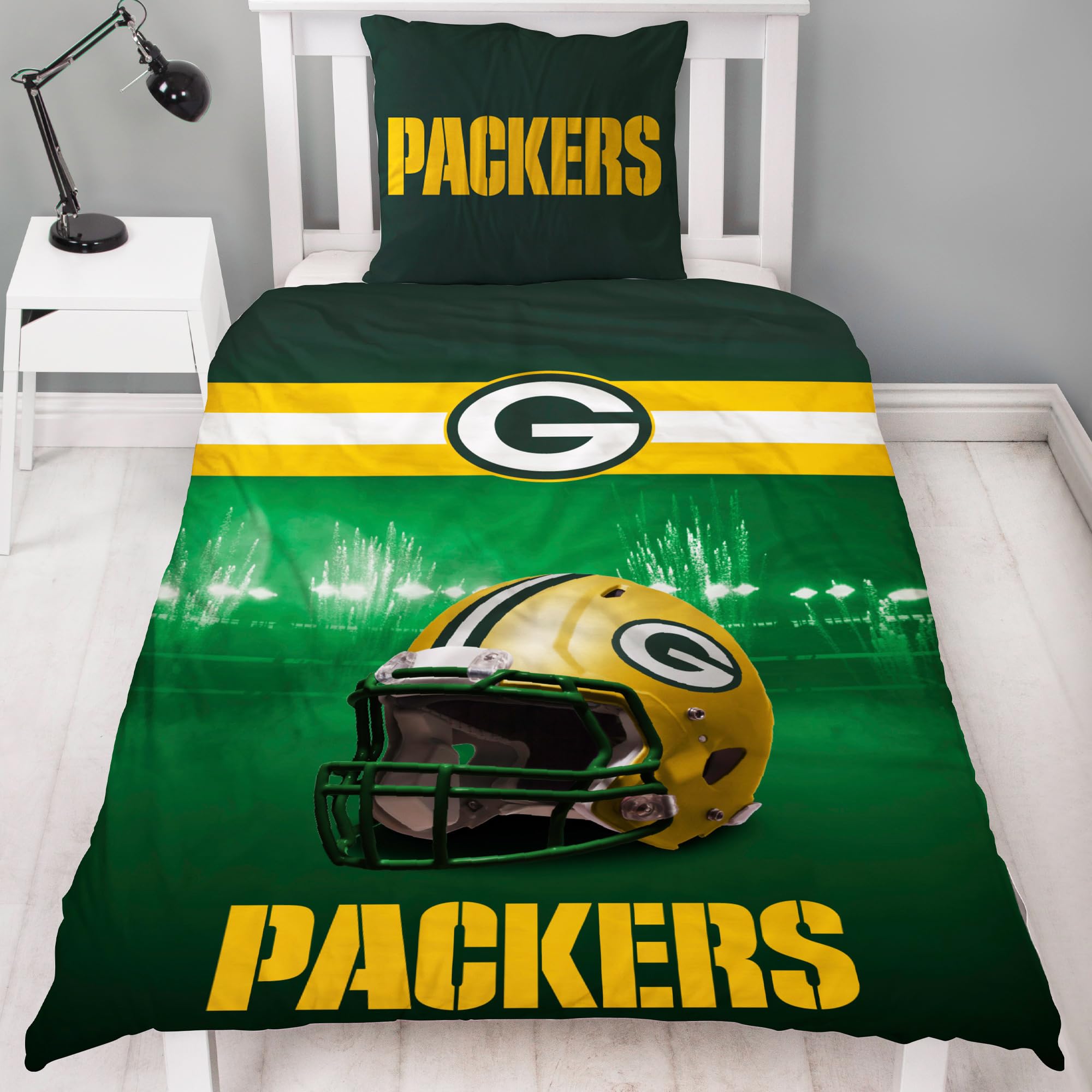NFL Bettwäsche Green Bay Packers 135 x 200 cm + 80 x 80 cm 100% Baumwolle in Renforcé-Linon-Qualität mit Reißverschluss American Football Fan Super Bowl Cheeseheads Wende-Bezug deutsche Größe