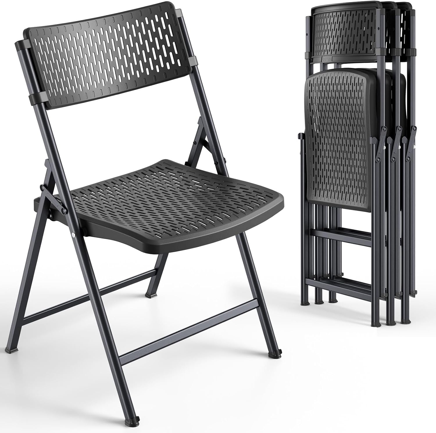 Black Folding Chairs 4-Pack, Breathable Plastic for Card Tables & Indoor Outdoor, Easy-Clean & Supports 400 Lbs