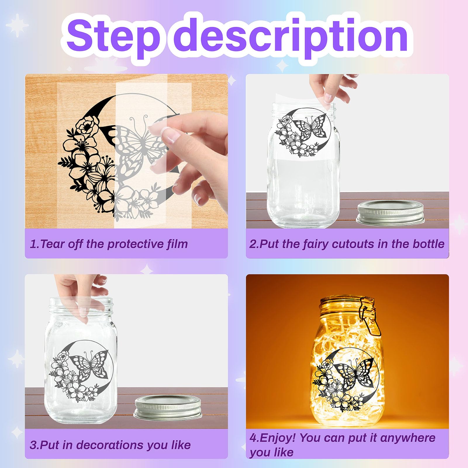 CREATCABIN 24Pcs Fairy Angel Silhouettes Mason Jar Decor Star Laser Cut Cardboard Scrapbook Cutouts Die Cuts PVC for Crafting Lantern Jars Wall Painting Windows Glass Phones 3.9x3.5Inch-No Sticker - Image 4