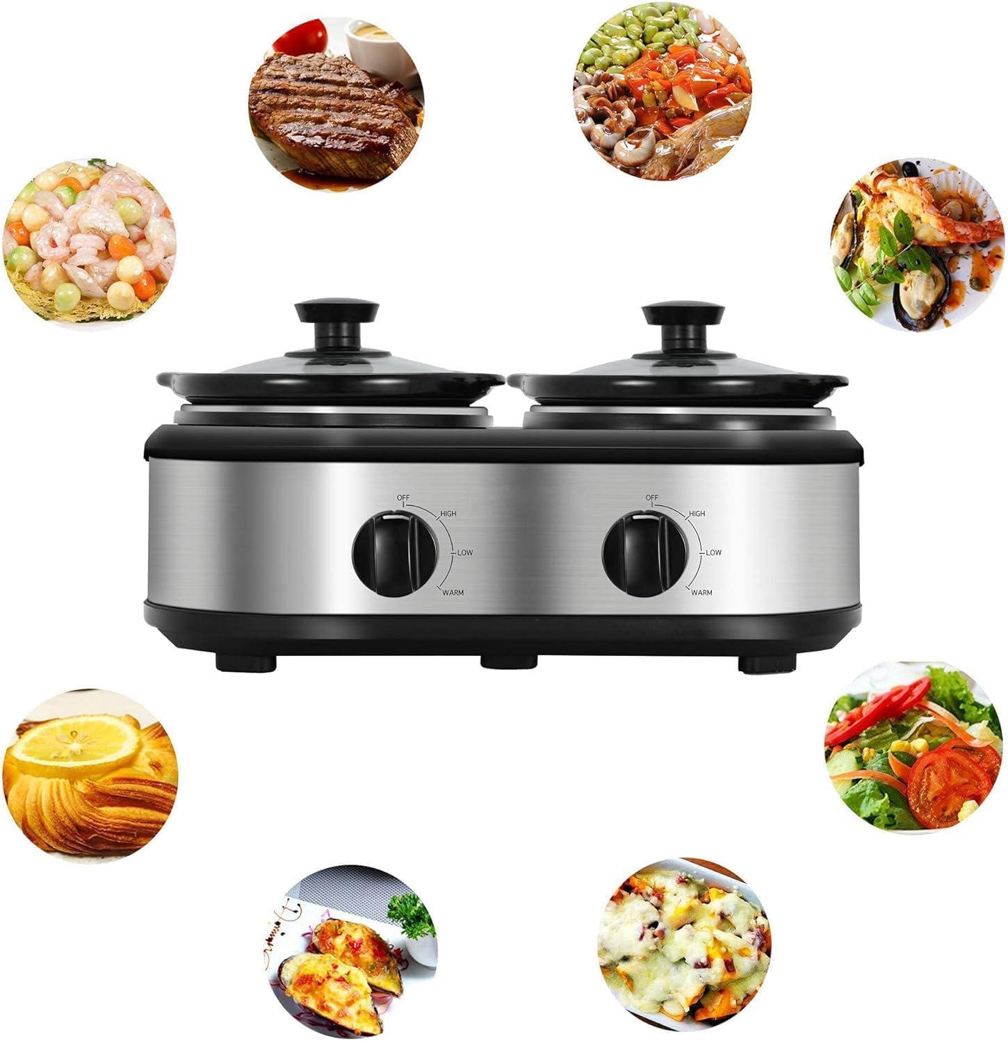 Double Slow Cooker, 2 X 1.25QT Dual Slow Cooker, 3 Cooking Settings, Buffet Servers and Warmers with Ceramic Pot, Dishwasher Safe, Removeable Glass Lid, Stainless Steel