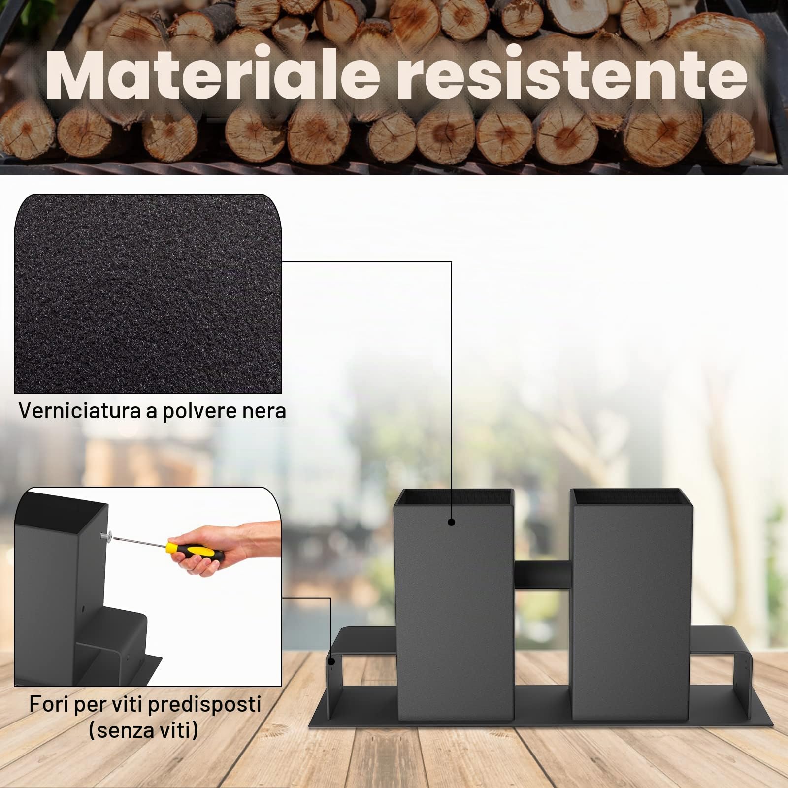 Aufun Supporti per impilare la legna da ardere, Robusto porta legna da ardere galvanizzato, Facile da installare, Nero, 4 pezzi