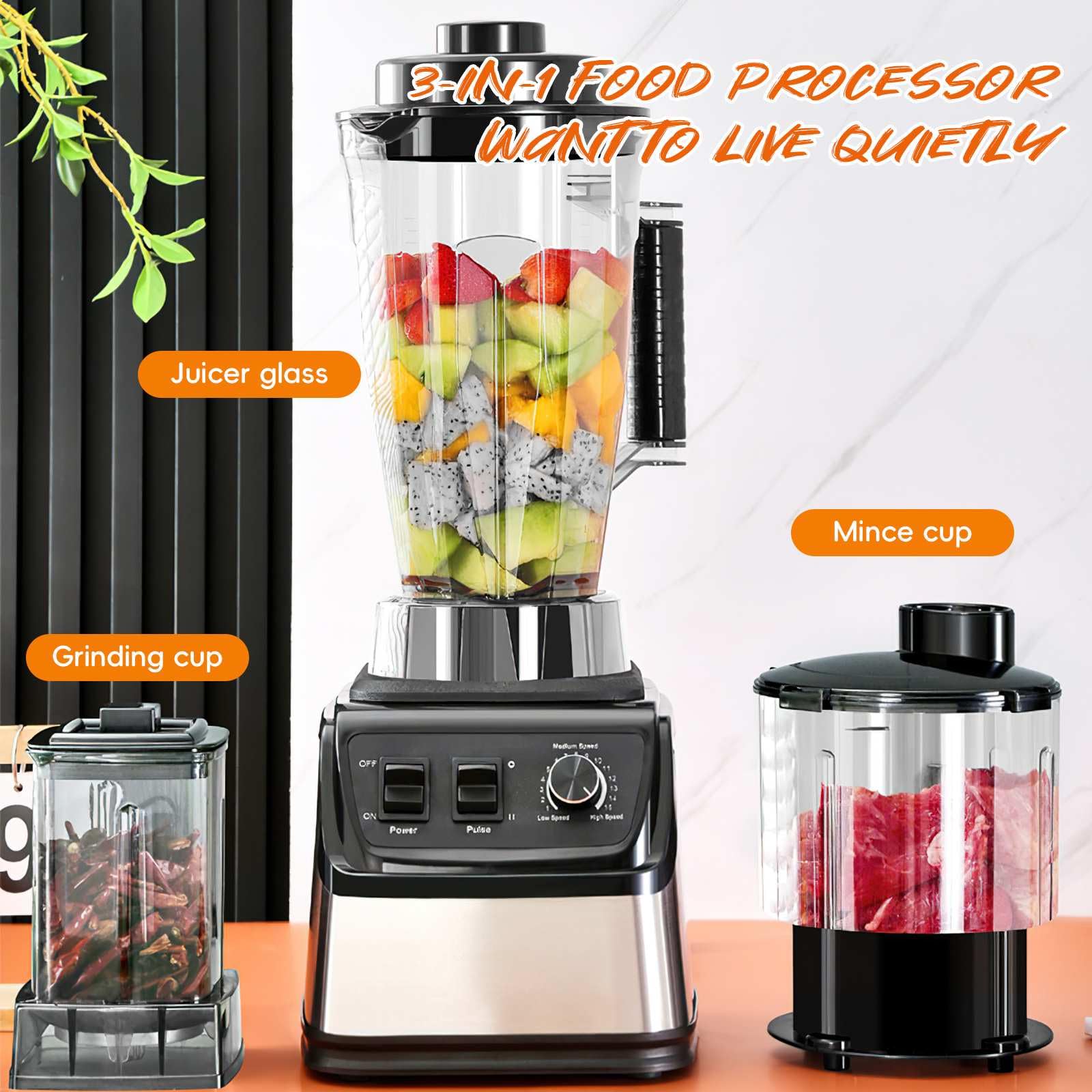 3L Batidora Multifunción, 3 en 1, Batidora Profesional de 9500W,Tres Jarras,Cuchillas de Acero Inoxidable,15 Velocidades Ajustables,Batidora para Batidos, Granizados y Frutas (3 en 1) - 5