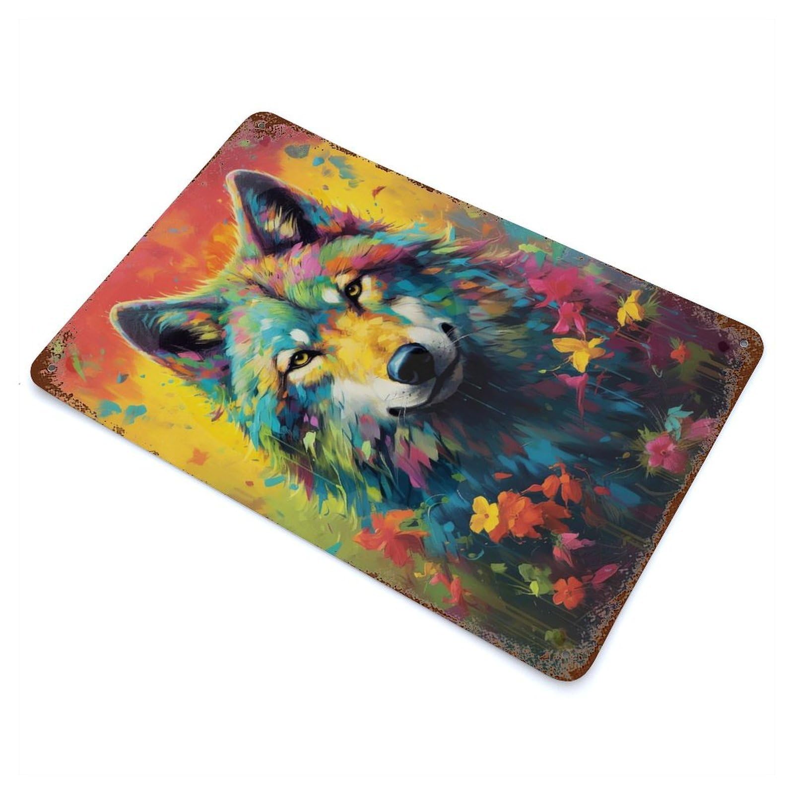 Wolf Art Series Style 13 11.8"x7.9" Rust Effect Tin Sign, Rustic Home Decor for Office, Studio And Wall Decor