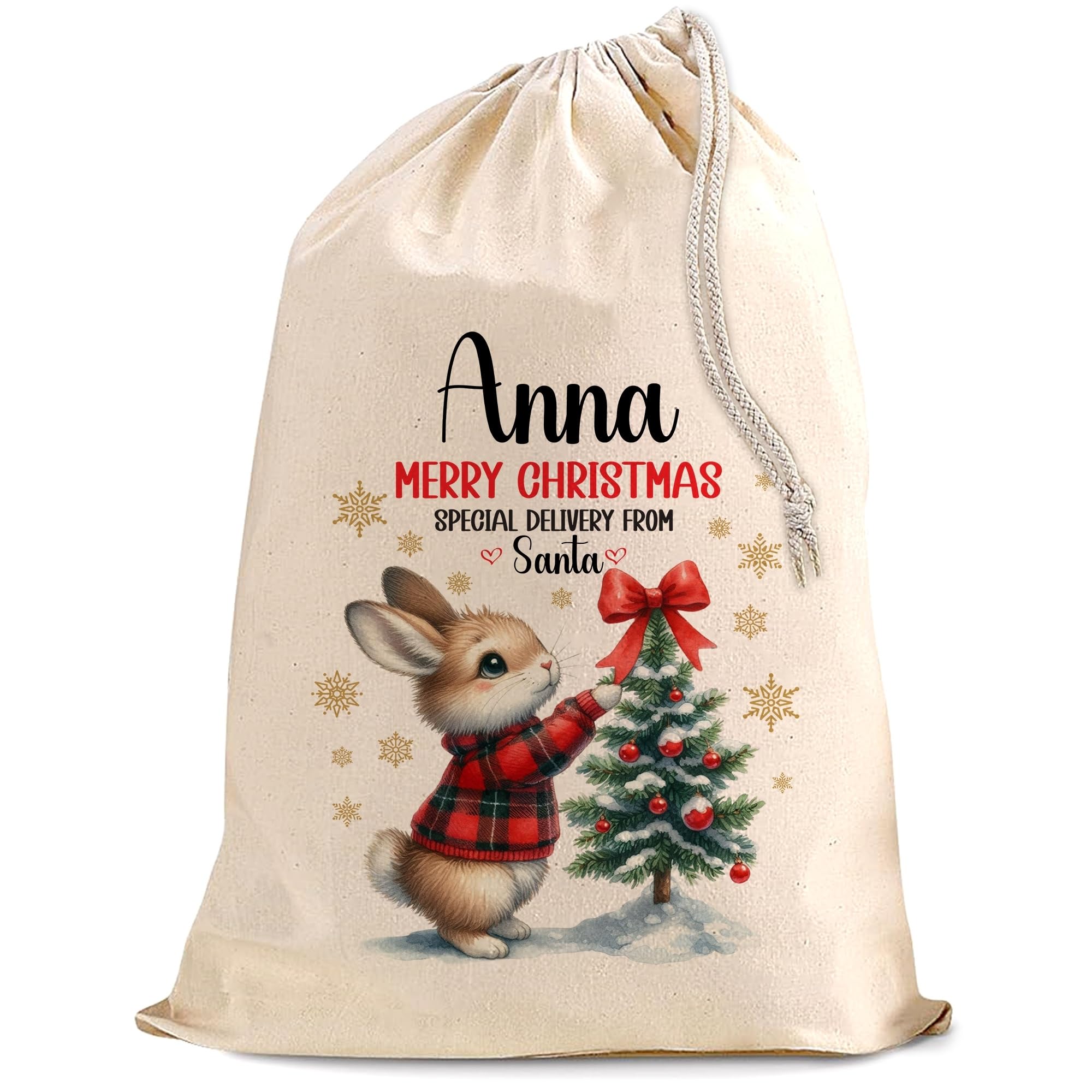 Personalised Christmas Santa Sack - Extra Large Cotton Gift Bag Bunny and Xmas Tree Design - Custom Name Holiday Present Sack