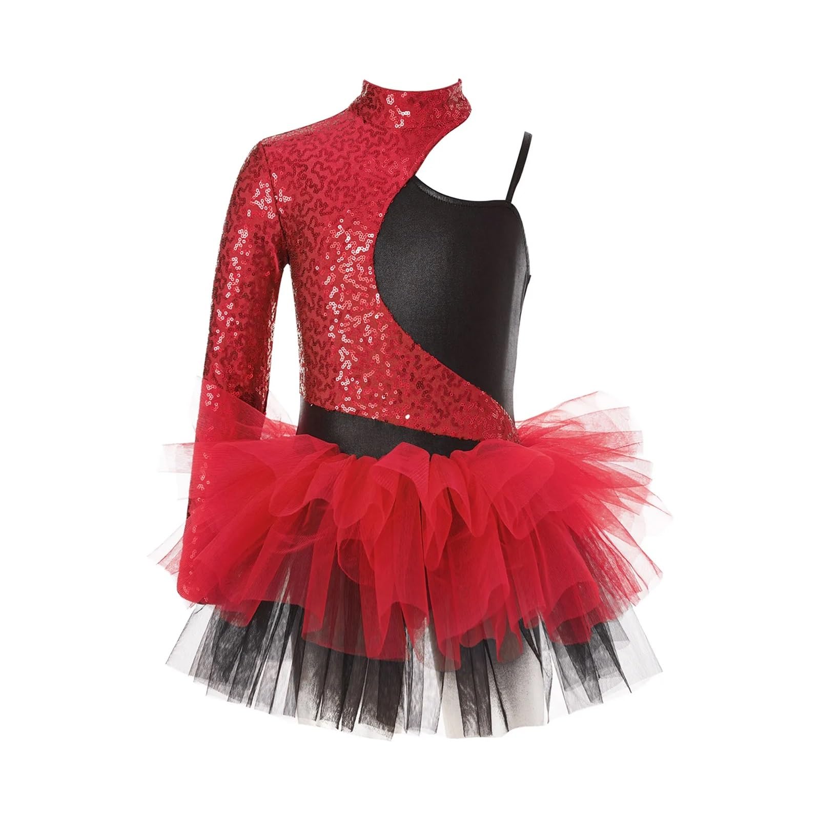Tanzkleid mädchen Kinder Mädchen Glänzende Pailletten Kleid Asymmetrische Ärmel Tüll Rock Gymnastik Trikot Teenager Dancewear Kinder Jazz Dance Kostüme(Red,14)