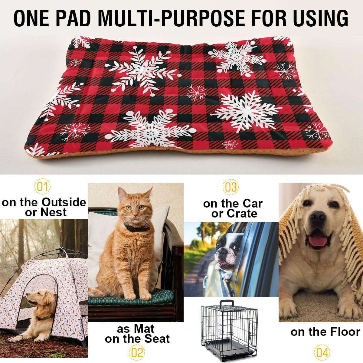 Dog Bed Mat Snowflakes Buffalo Plaid Washable Anti Slip Bottom Comfy Kennel Pad Cat Crate Mat Dog Pet Pad 18 x 24 Inches