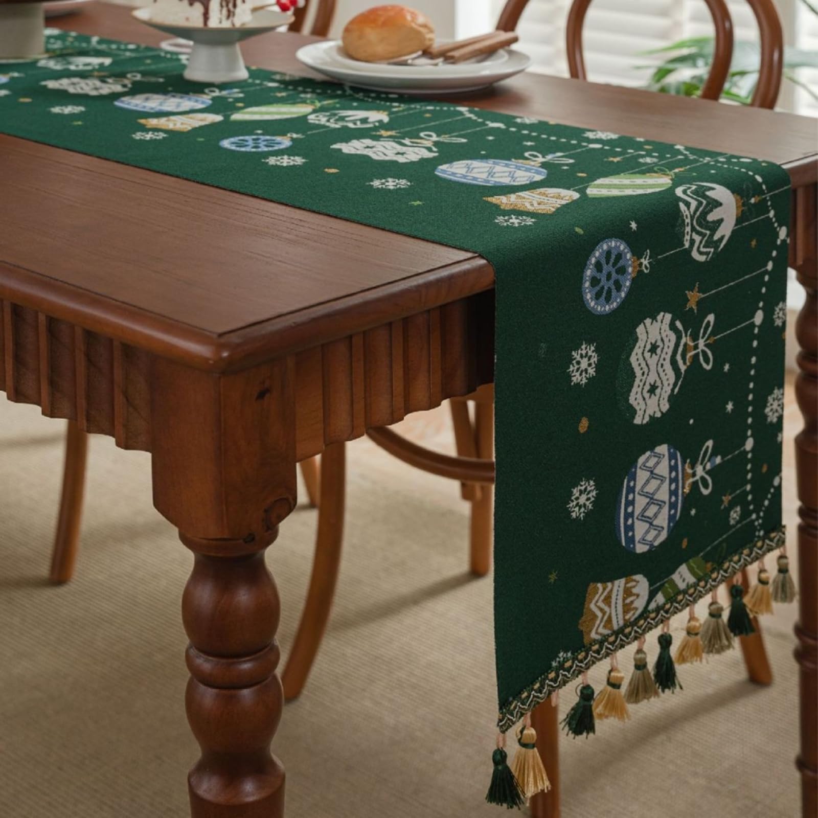 Runner da Tavolo Poliestere 35x275 cm, Runner da Tavola Moderno Lavabile Motivo Palline di Natalizio Jacquard con Nappe Decorazioni Matrimonio Tavoli per Cucina, Verde