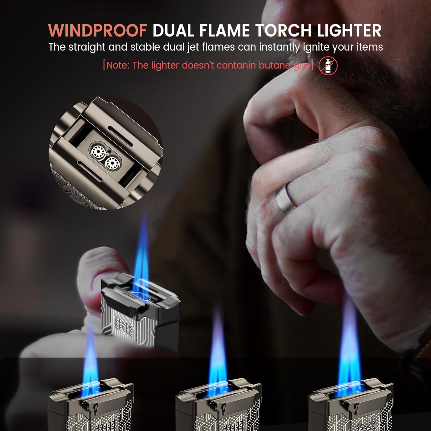 All-in-one Torch Lighter with V Cut Cutter Built-in, Holder, Dual Jet Flames, Gifts for Men & Birthday Festival, Refillable Butane Lighters for Candles, Outdoors, Multifunctional Use