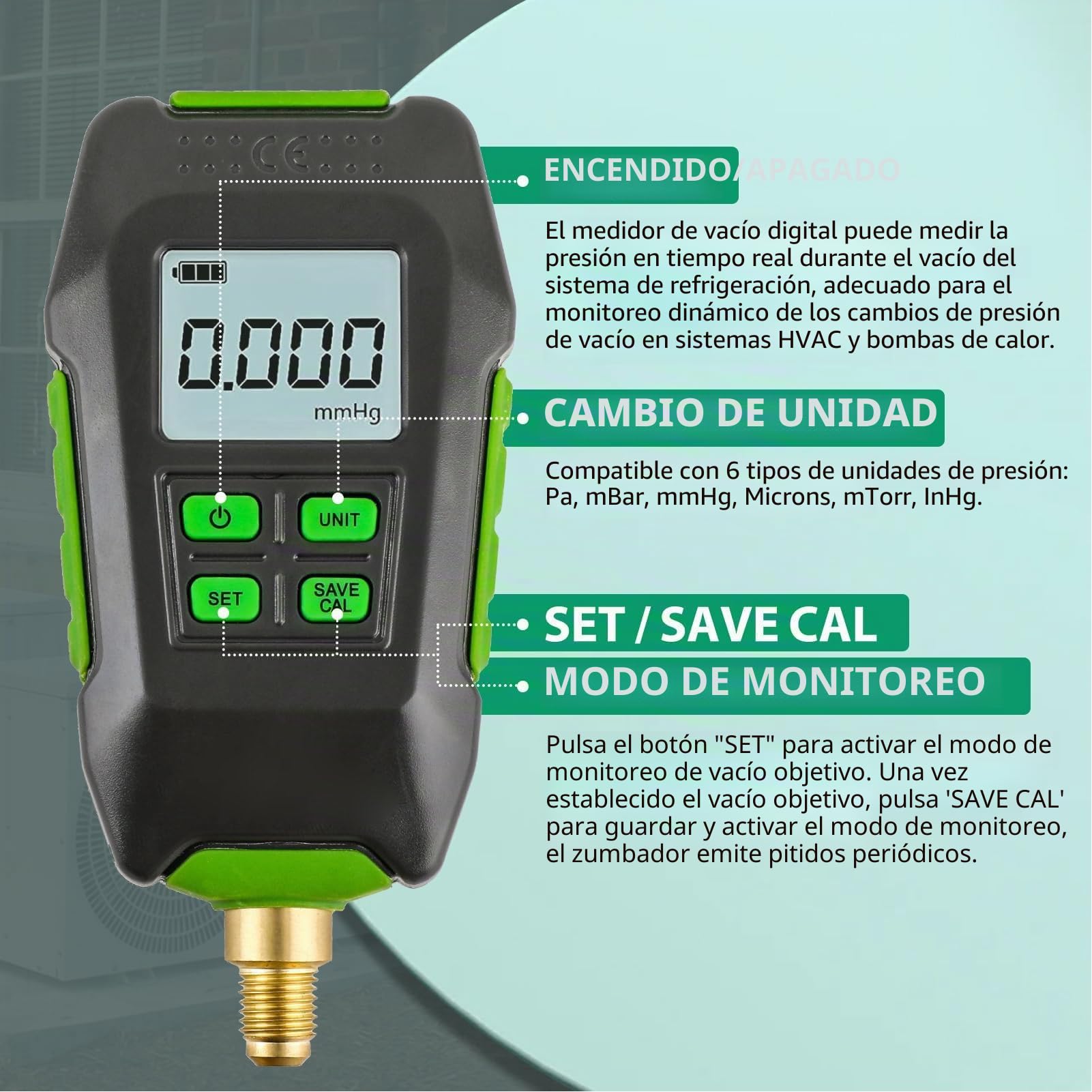 Medidor de Vacío Digital, Medidor de Micrones Inalámbrico HVAC con Soporte, Probador de Presión Recargable 1/4 Pulgadas SAE, para Entornos Atmosféricos