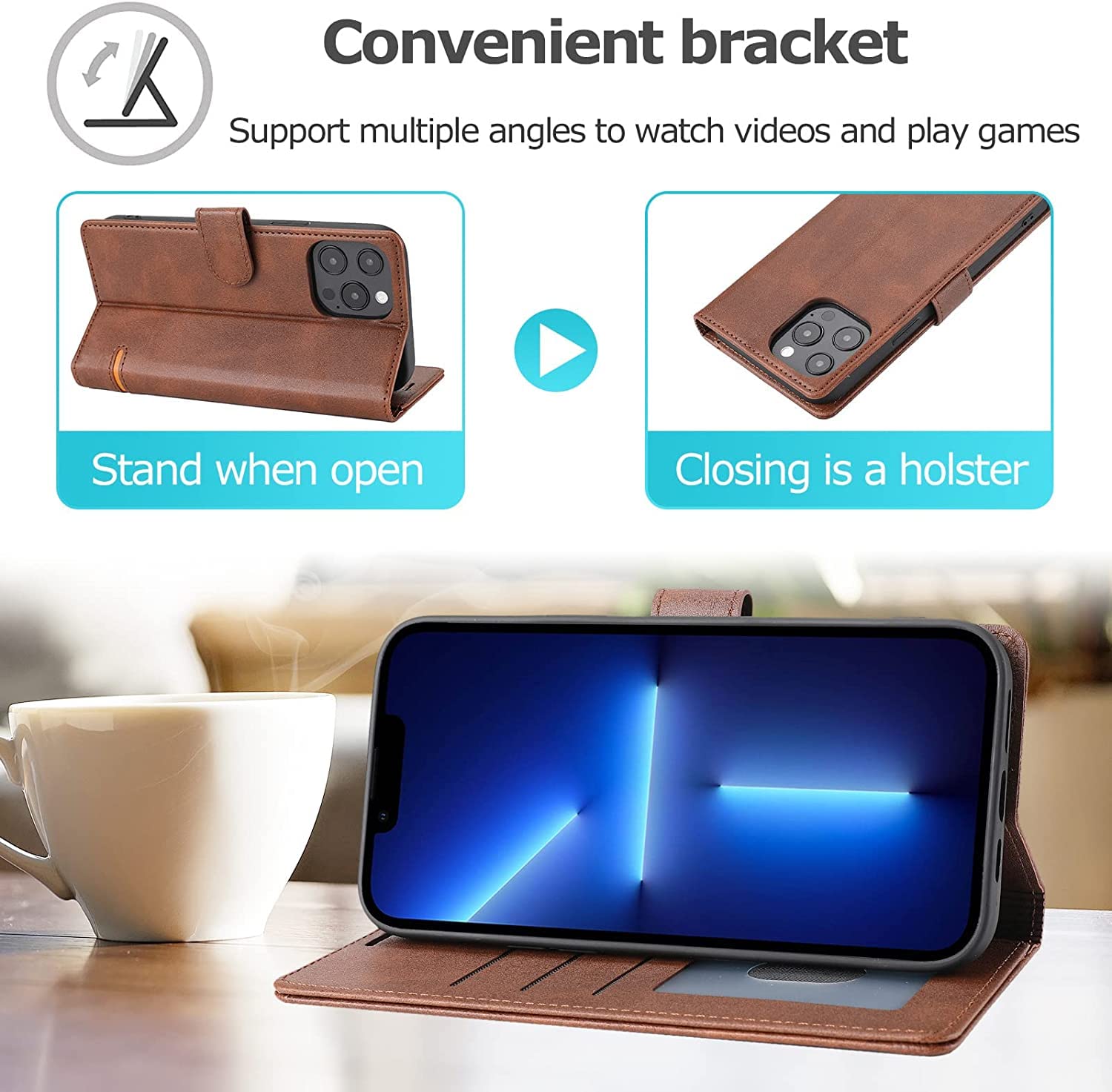 KANUZ Funda para iPhone 13/13 Mini/13 Pro/13 Pro Max, cartera de piel sintética con bloqueo RFID a prueba de golpes con ranuras para tarjetas de soporte (color: marrón, tamaño: 13pro 6.1 pulgadas)