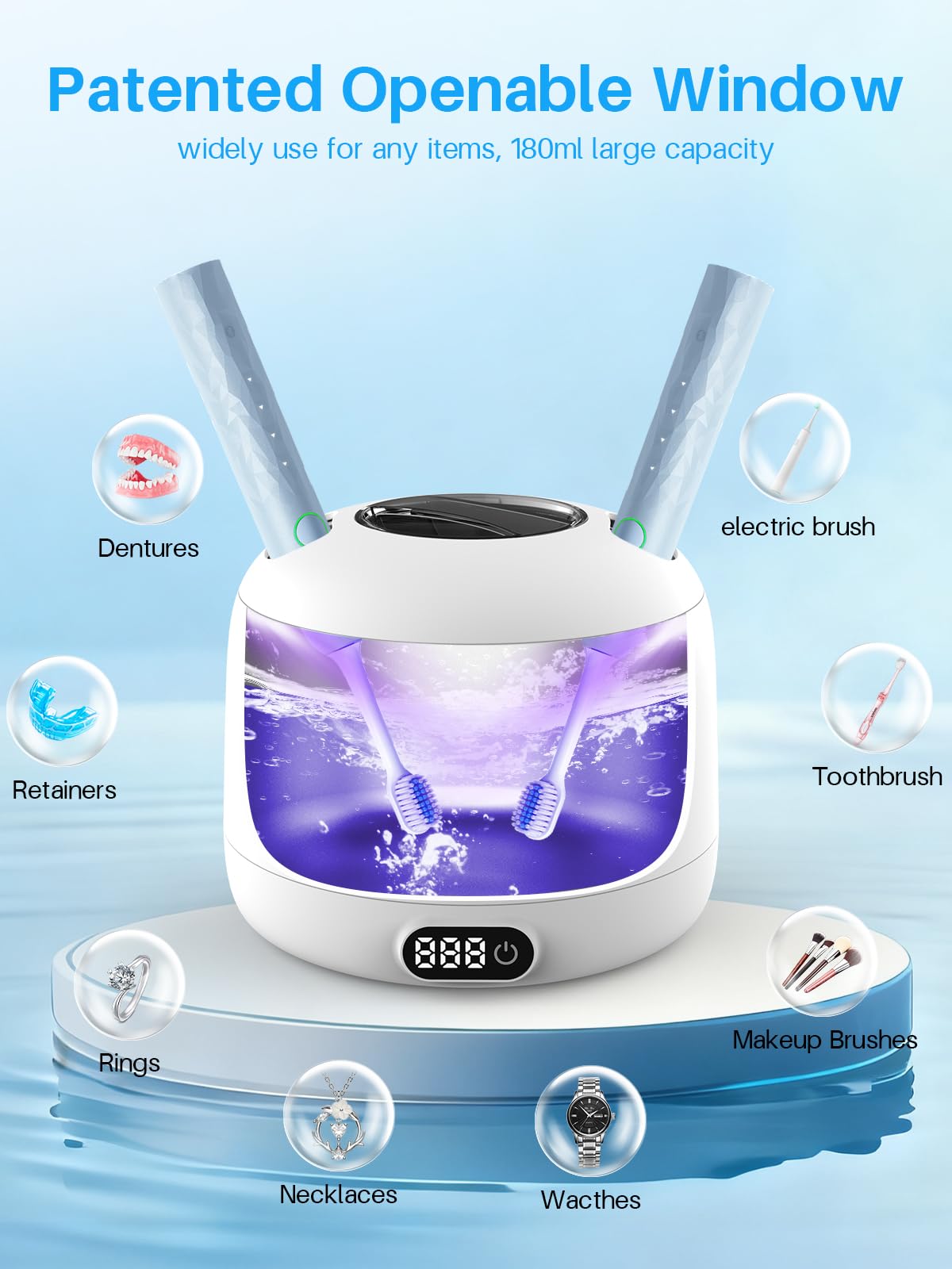 Voraiya Nettoyeur Ultrasons Dentaire IPX7 Etanche Ultrasonic Cleaner Base & Dental Pod Amovible Nettoyant Ultrason avec 2 UV Lampes pour Prothèses Dentaires, Gouttière Dentaire, Retainer, Bijoux