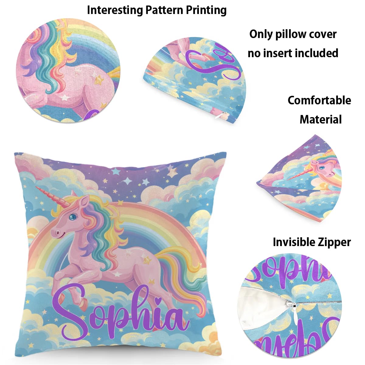 Personalized Pink Unicorn with Rainbow Square Pillowcase for Kids-Girls,Custom Name Cushion Covers,Custom Gifts Throw Pillow Cover for Children Birthday,for Sofa Car Bedroom (Cover Only),Purple Blue