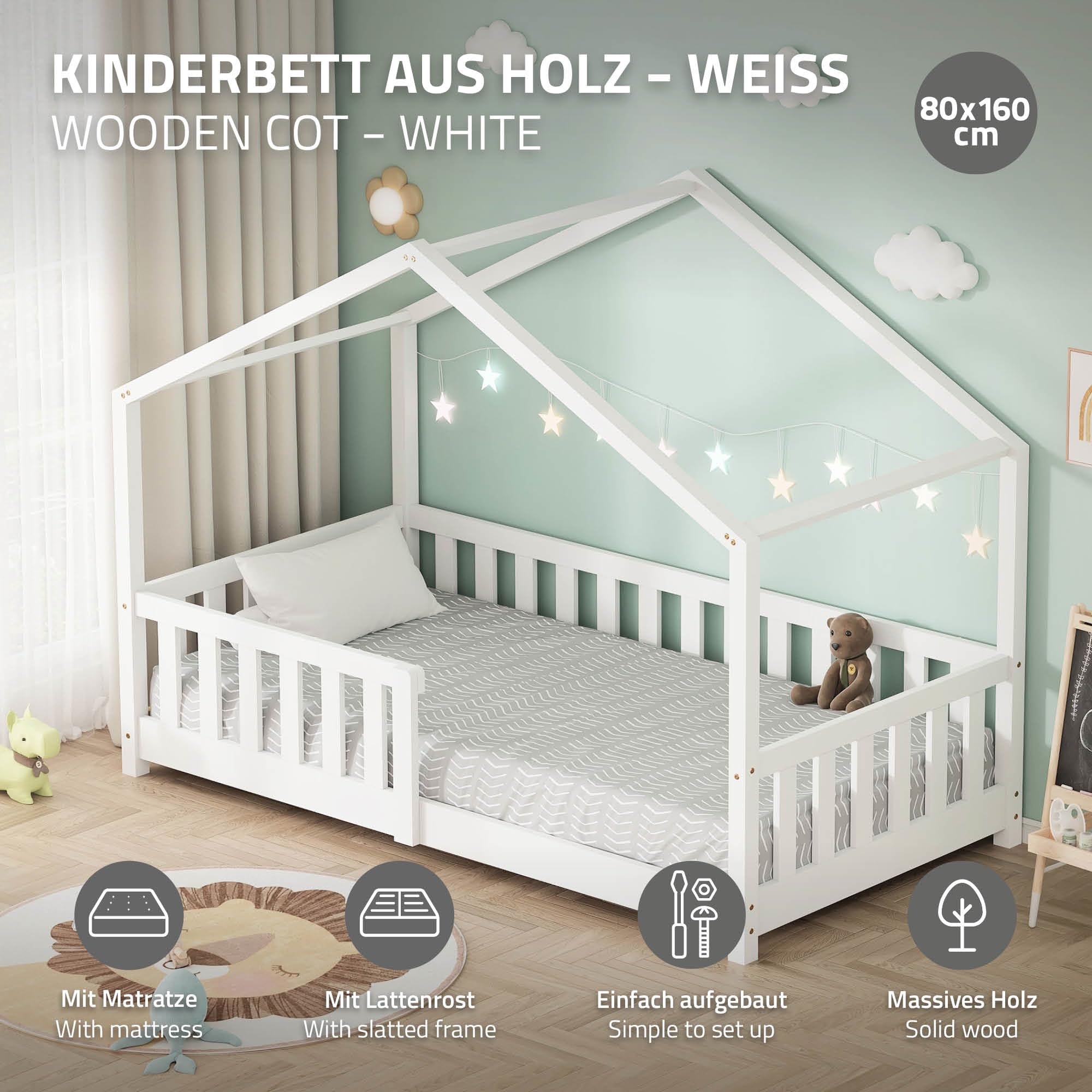 ML-Design Letto a Casetta per Bambini 80x160 cm Bianco in Legno Massello di Pino con Materasso Sponda di Sicurezza e Tetto, Lettino Montessori Basso a Terra per Bambine, Arredamento Cameretta