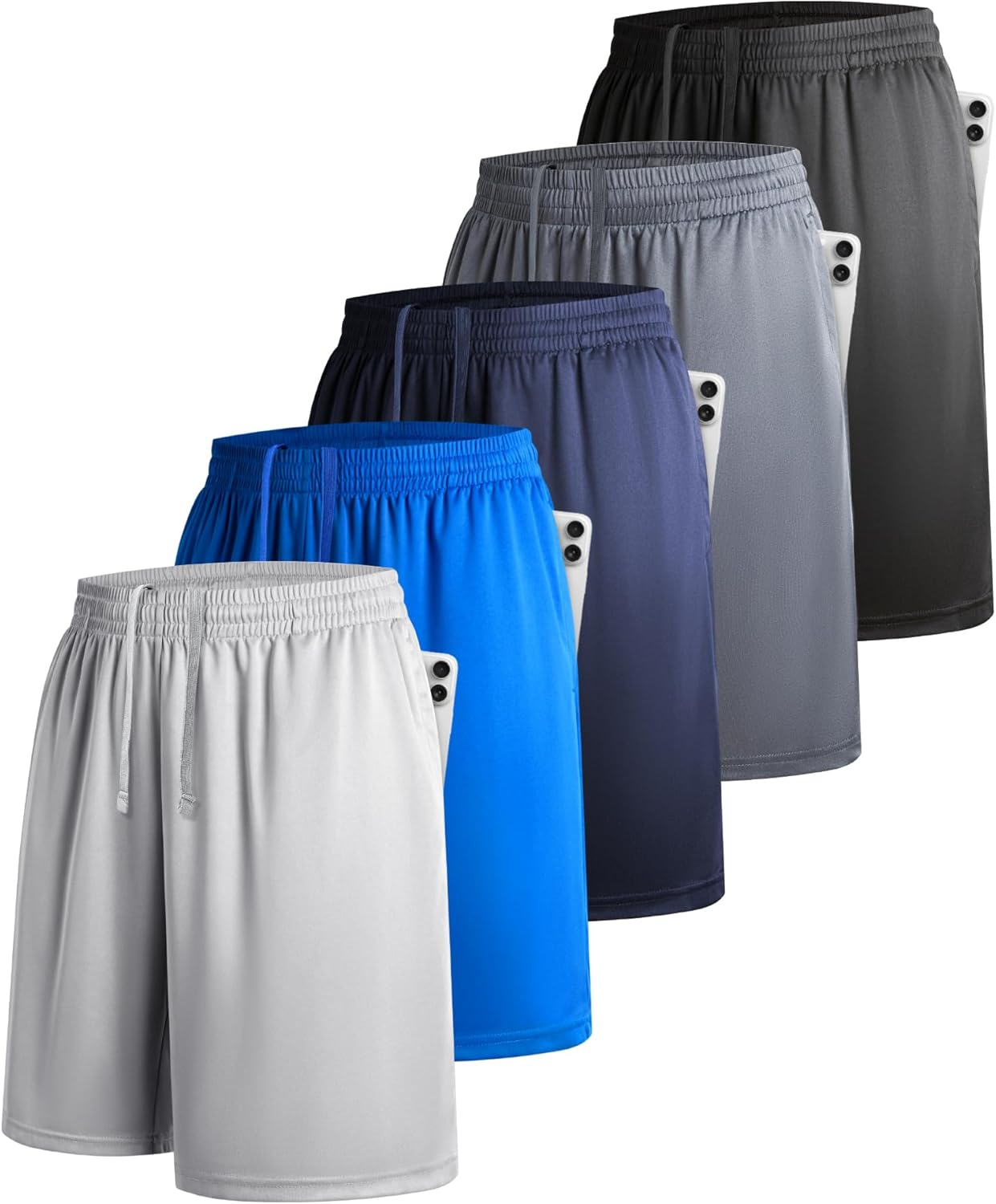 YOIOWVY Set van 5 sportbroek voor heren, korte sportshorts voor mannen, atletische shorts met zakken en elastische tailleband, sneldrogende joggingbroek, hardloopbroek voor gym, basketbal, Inkt zwart