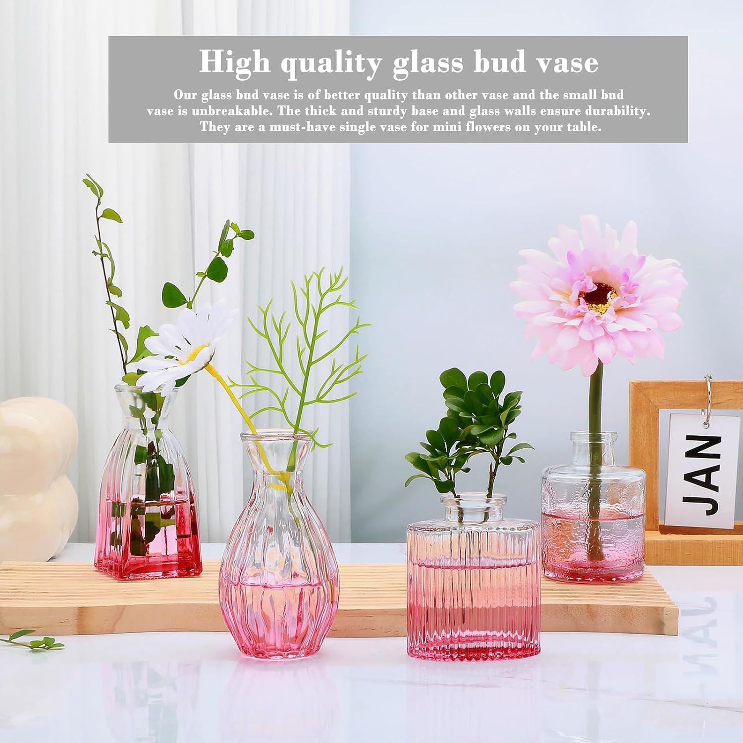 Glass Bud Vases Set of 4, Small Pink Flower Vases for Wedding Centerpieces image 4