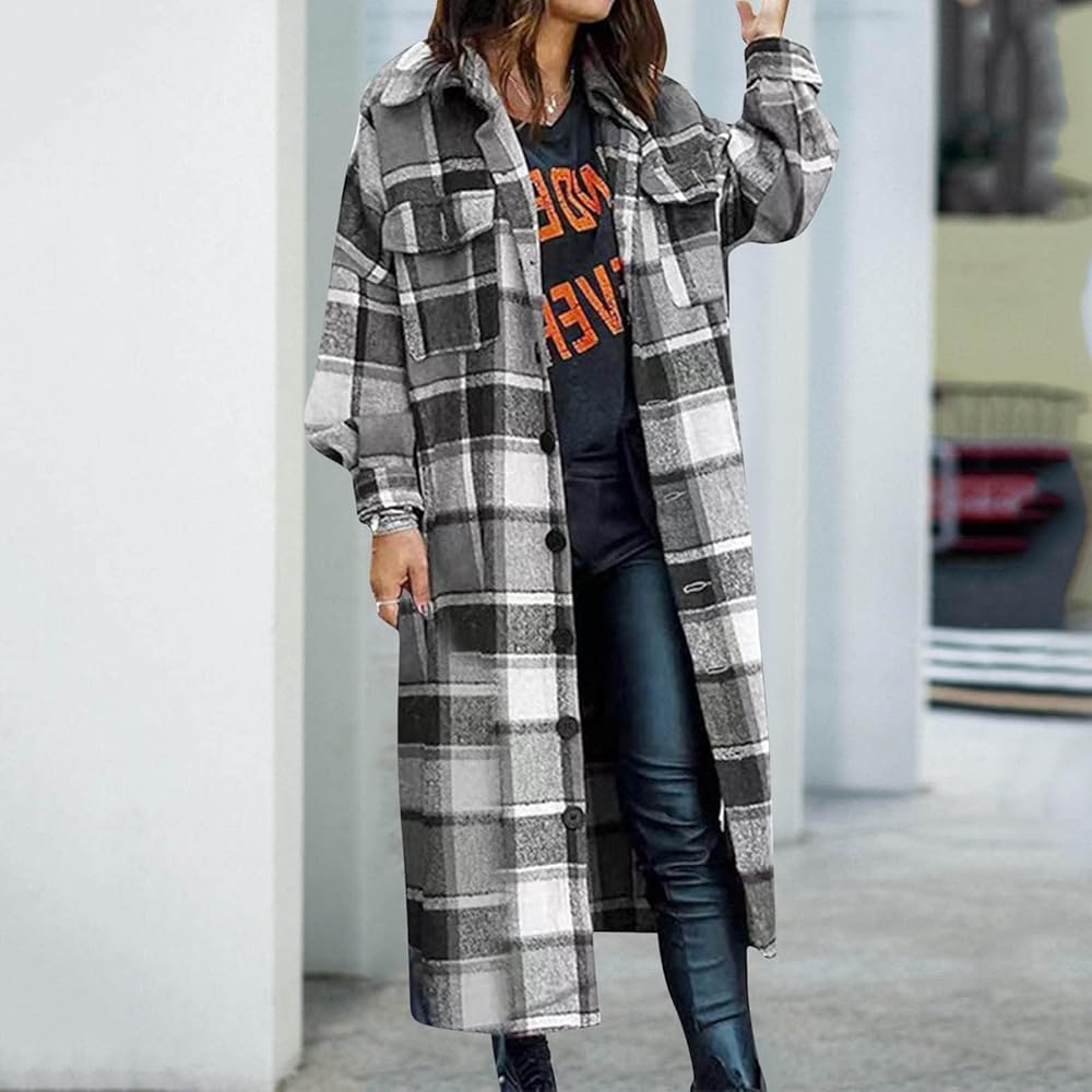 Amazon.com: Baxtayel Womens Trench Coat Long Plaid Jacket Button