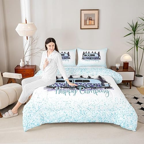 Juego de edredón de tamaño individual para niños, decoración de habitación de niños, ropa de cama de coche de campamento feliz, edredón de plumón