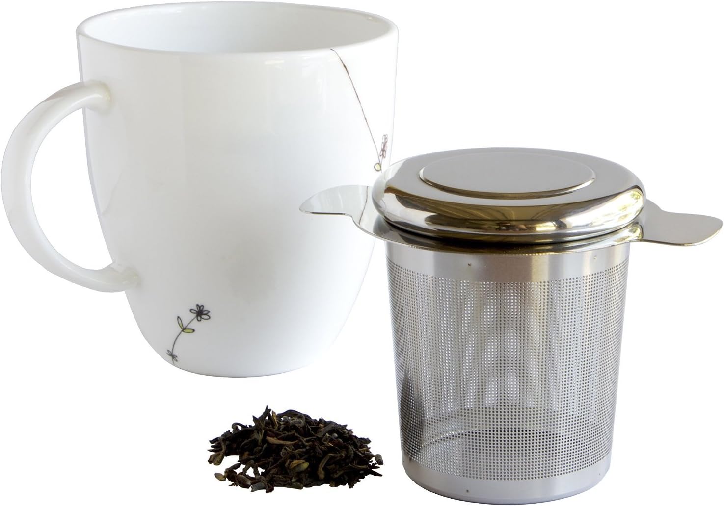 Fusion Tea Premium 304 Stainless Steel Fine Mesh Loose Leaf Tea Infuser Strainer with Lid-Brew in Mug