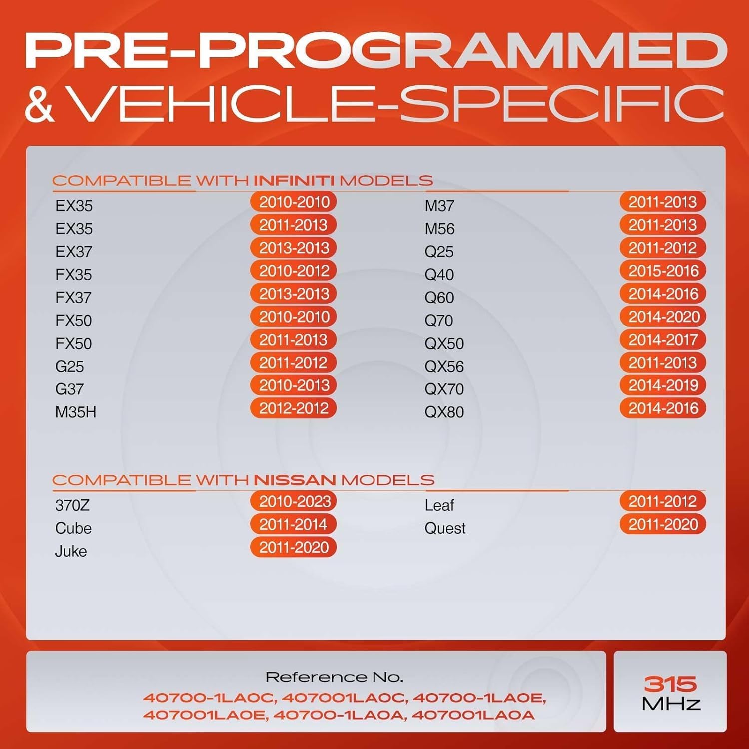 A-Premium 4PCS Pre-Programmed TPMS Sensor Tire Pressure Monitoring Sensor - Compatible with Nissan, Infiniti Models - 370Z, Cube, Juke, Leaf, Quest, EX35, FX37, G37, M56, Q25, Q60, QX50-315MHz