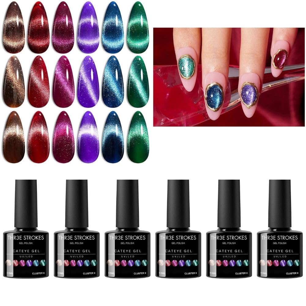 THR3E STROKES Gel Nail Polish Cat Eye Winter Gel Nail Polish Set 6 Colors, Glitter Red Shiny Brown Burgundy Purple Blue Green Magnetic Effect Sparkle Stunning Nail Gel Polish Gifts for Women, 2024 Limited Colors 7ML (UV/LED LIGHT REQUIRED) (CLUSTER X, )-image-26