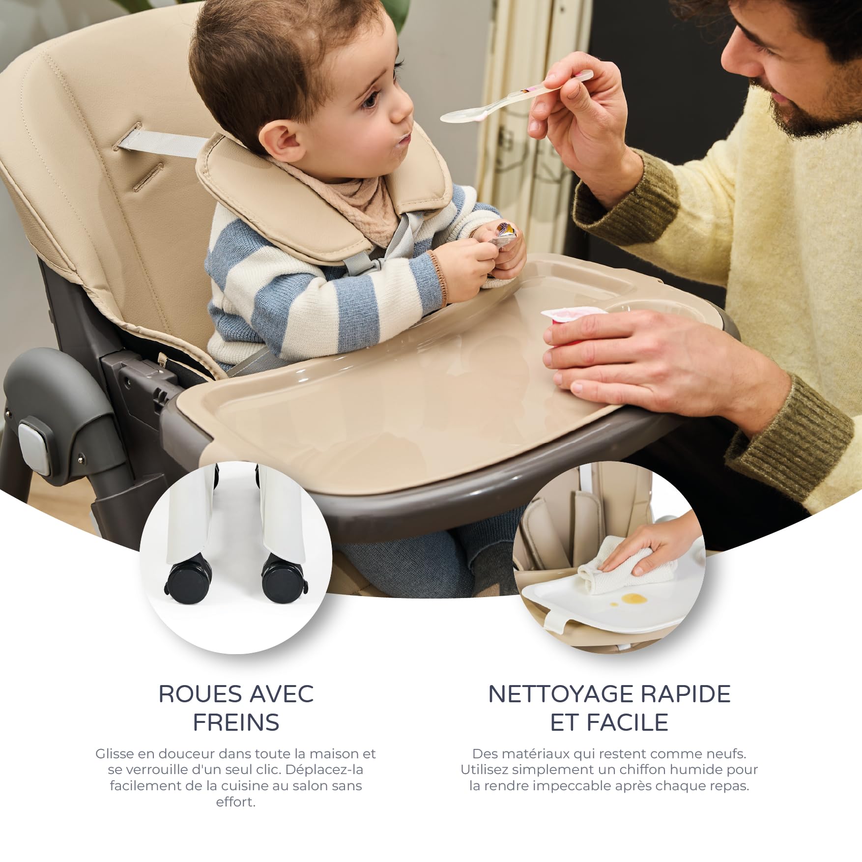 Ms BabyWorld - Chaise haute évolutive pour bébé Tasty | 7 positions de hauteur et 3 inclinaisons | Plateau amovible et repose-pieds réglable | Portable, pliable, jusqu’à 3 ans (Beige)
