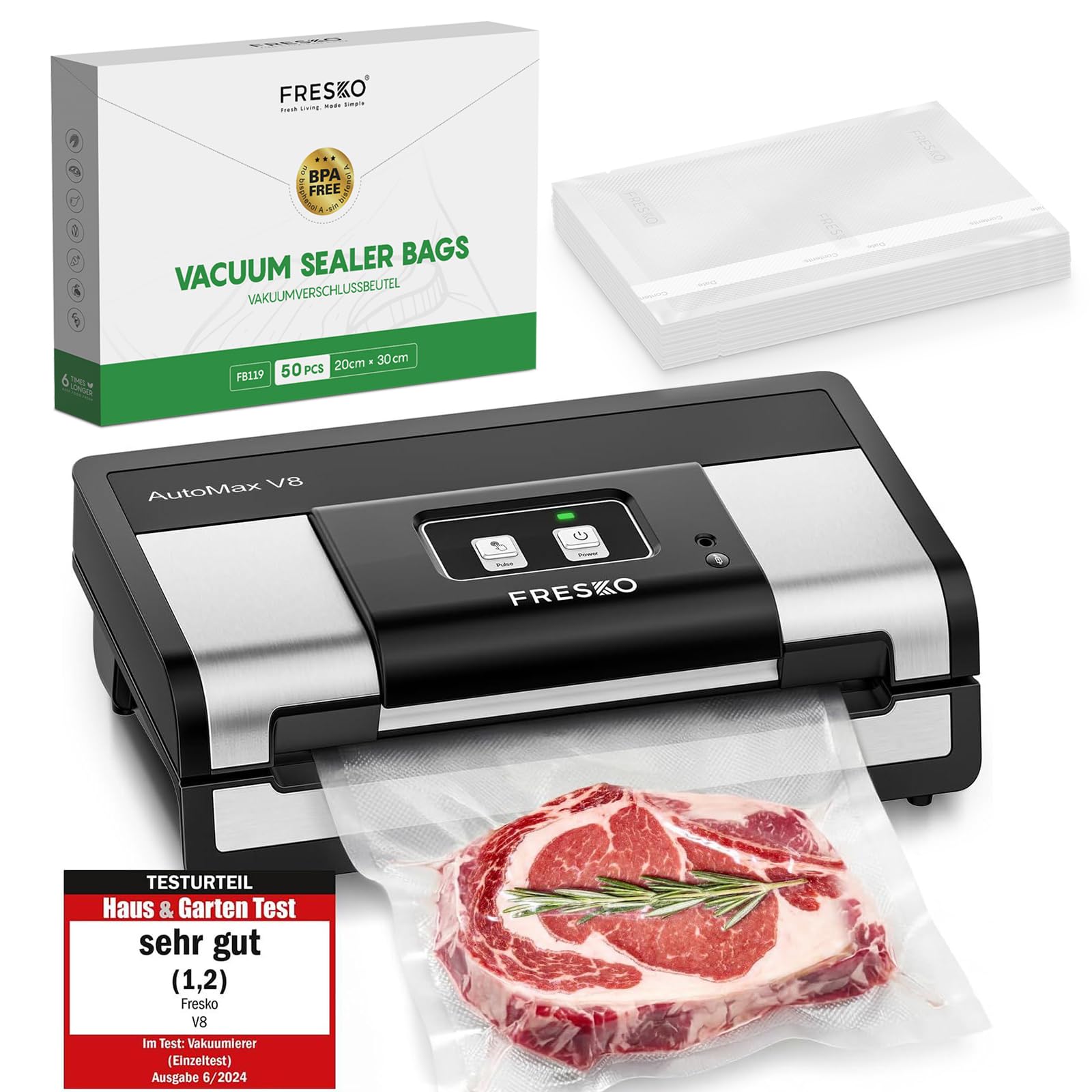 FRESKO V8 Vakuumierer im Bundle + 50 Vakuumierbeuteln 20x30cm | Automatisches Vakuumiergerät mit Trocken-/Feuchterkennung, 95kPa starke Saugleistung, inklusive Beutelschneider und Aufbewahrungsfach |