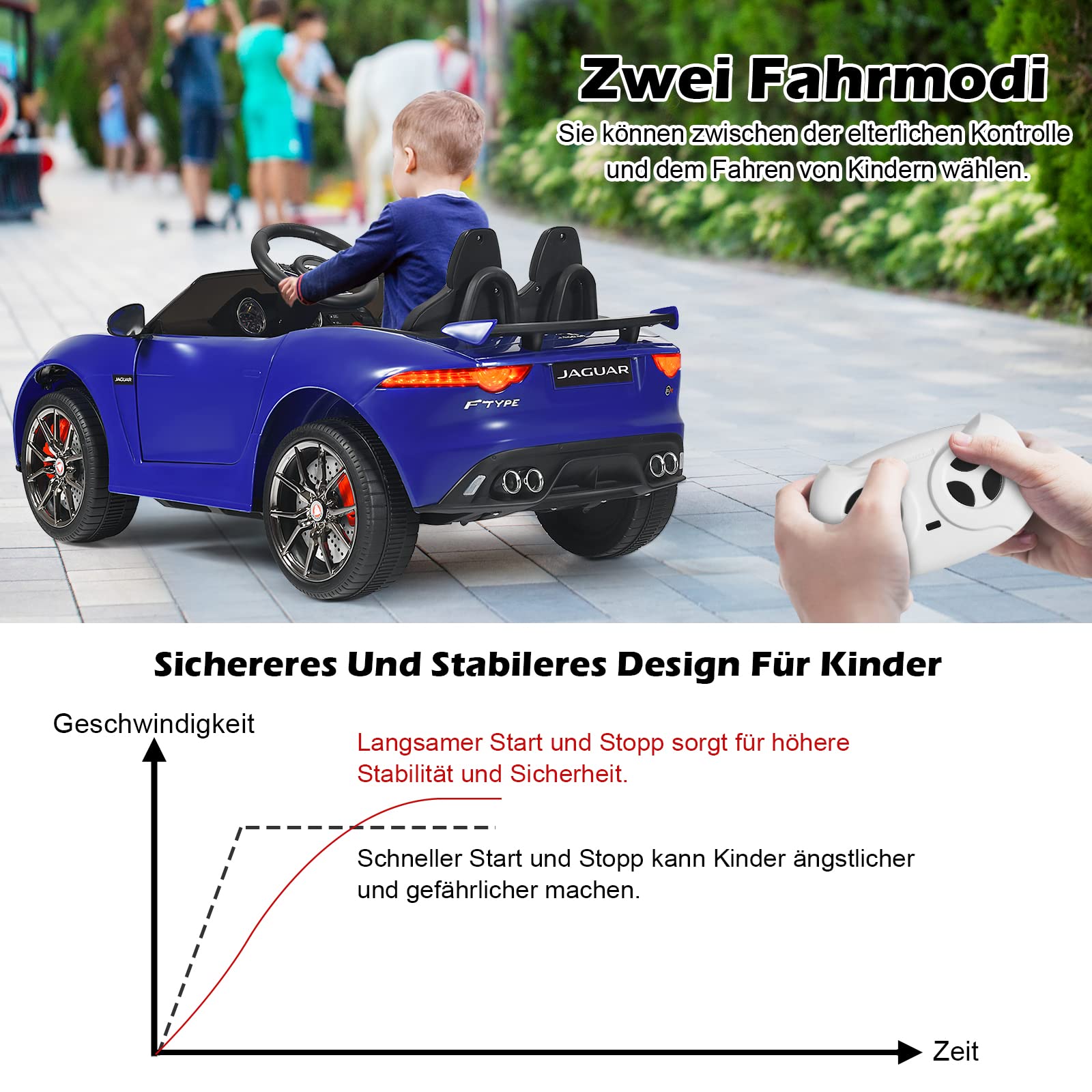 GOPLUS Elektroauto Jaguar, 12V Kinderauto mit 2,4 Ghz Fernbedienung, Softstart, LED Licht, Hupe, Musik, Sicherheitsgurt, 3-5 km/h, Kinderfahrzeug für Kinder ab 3 Jahre bis zu 25 kg (Blau)