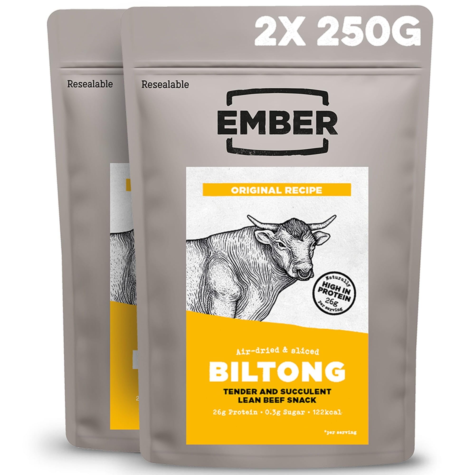 Ember Beef Biltong Original 500g - High Protein Meat Jerky Snack - Ready to Eat, Low Fat, No Added Sugar, Keto, No Artificial Flavours - 2 x 250g Resealable Bulk Bags from a Family-Run UK Business