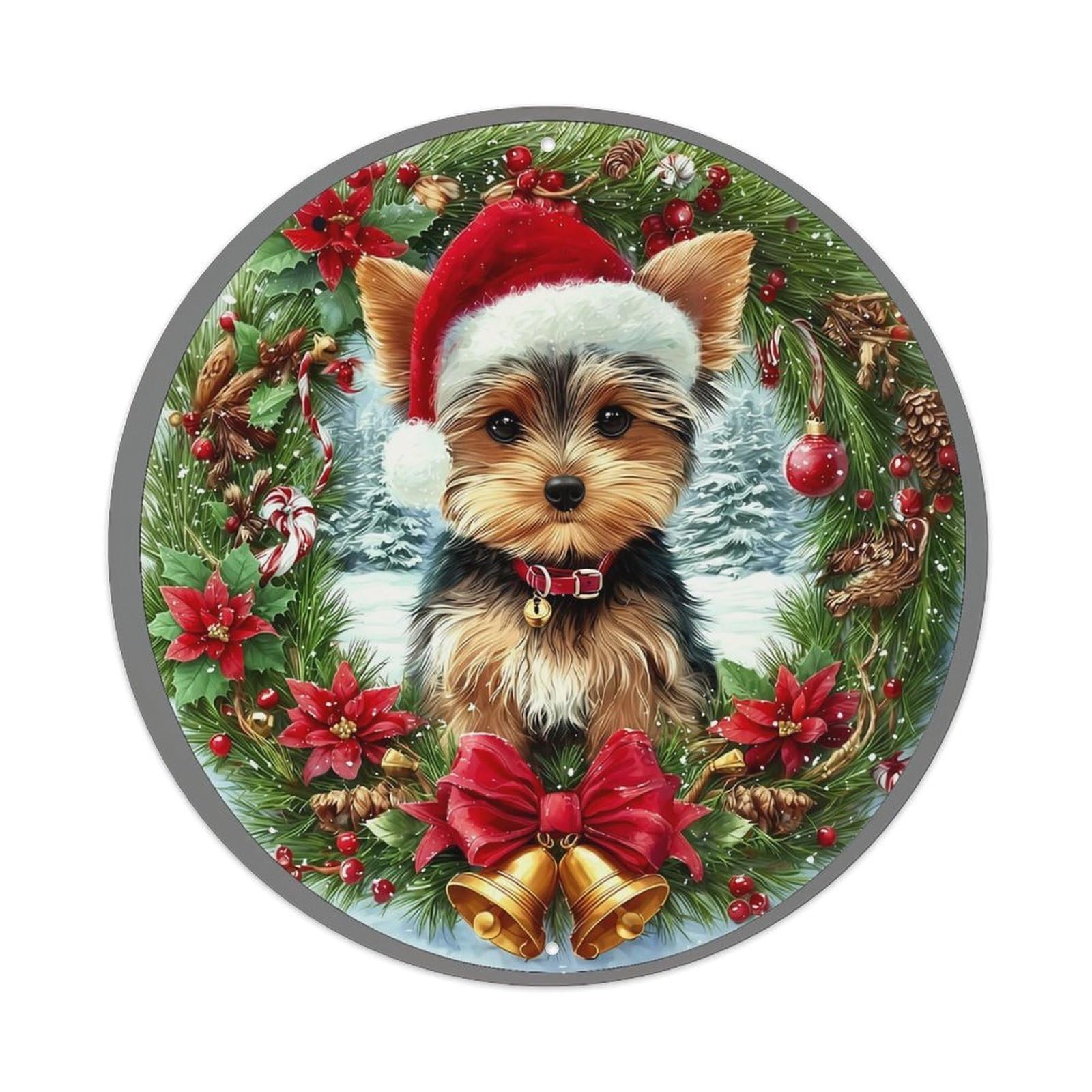 Festive Puppy In Christmas Wreath Vintage Metal Tin Sign Retro Wall Decor for Home Bar Garage Cafe, Indoor & Outdoor Decorative，circle Metal Poster, 8x8 Inch