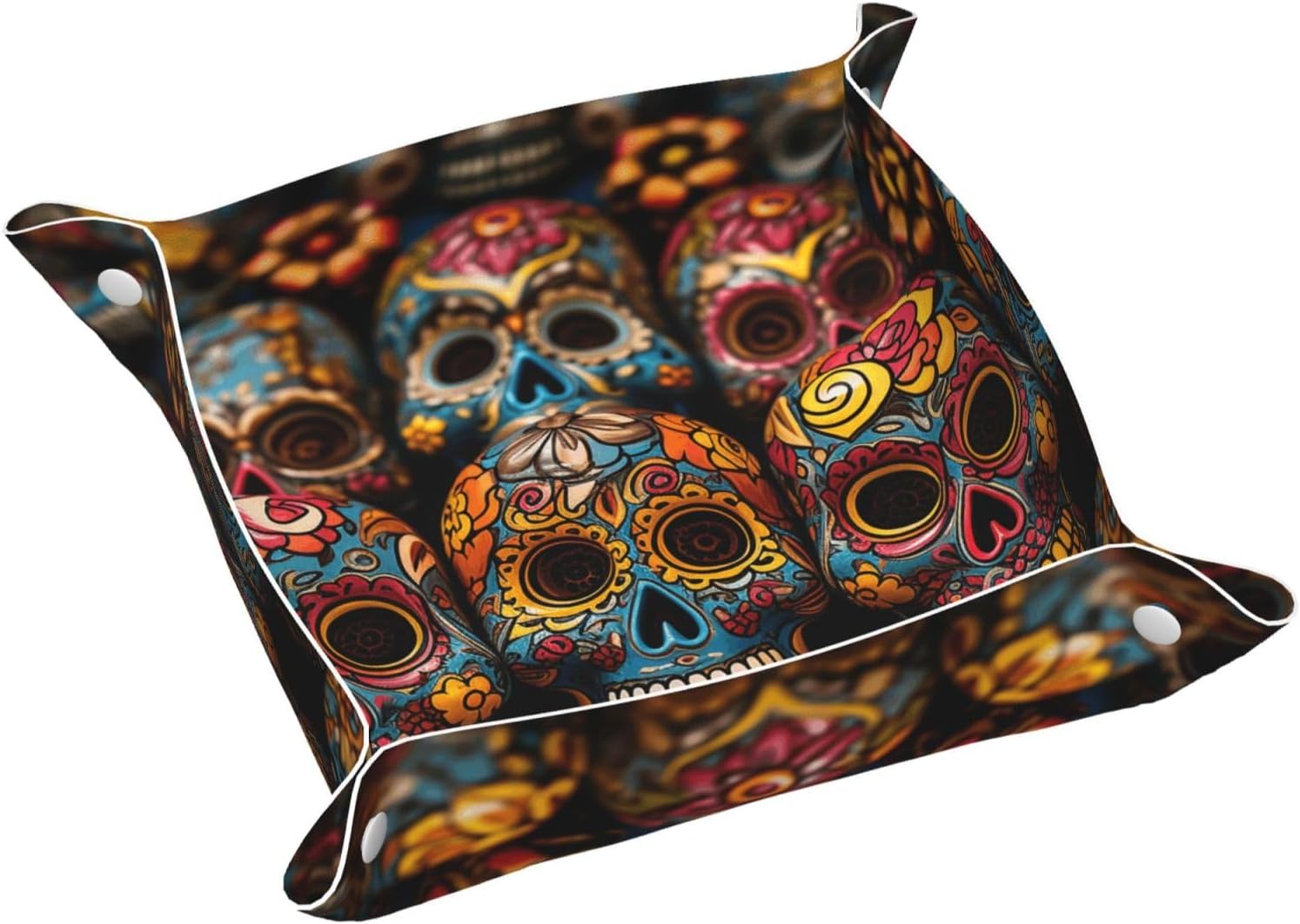 PU Leather Jewelry Valet Tray for Men Women, Elegant Desktop Storage Organizer, Portable Travel Storage Dish Plate Colorful Sugar Skulls Nightstand Storage Box for Key Phone Wallet Small