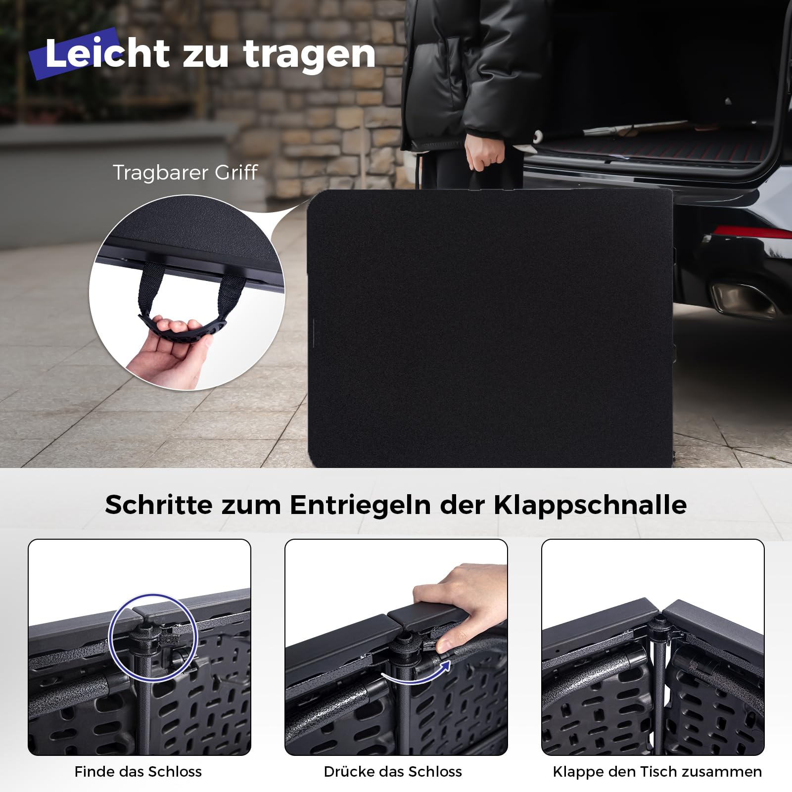 Byliable Klapptisch, 180cm, tragbar, robust, Kunststoff, zusammenklappbar, für drinnen und draußen, für Camping, Picknick und Party (Schwarz)