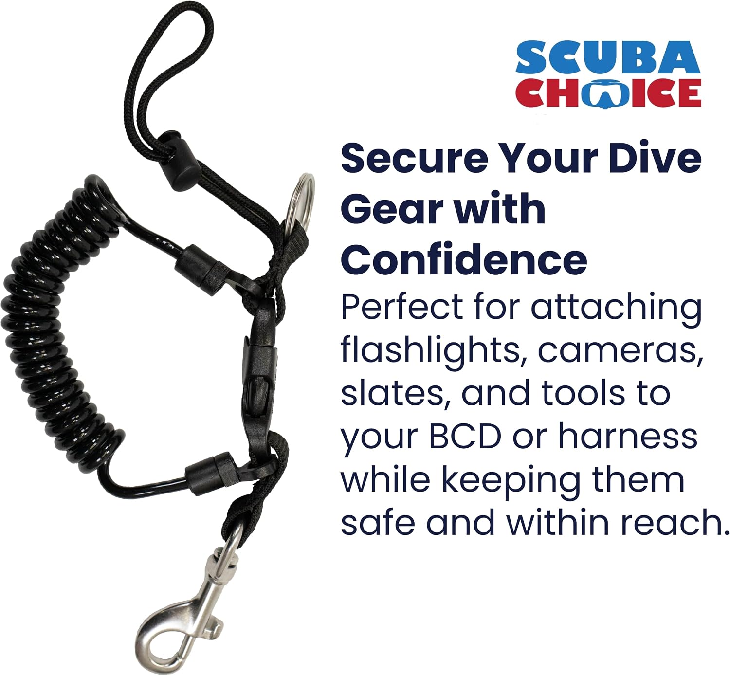 Palantic Shark Coil Lanyard – Black, Heavy-Duty Coiled Safety Lanyard for Scuba Diving & Snorkeling with Stainless Steel Snap Hook and Quick-Release Buckles for Secure Gear Attachment