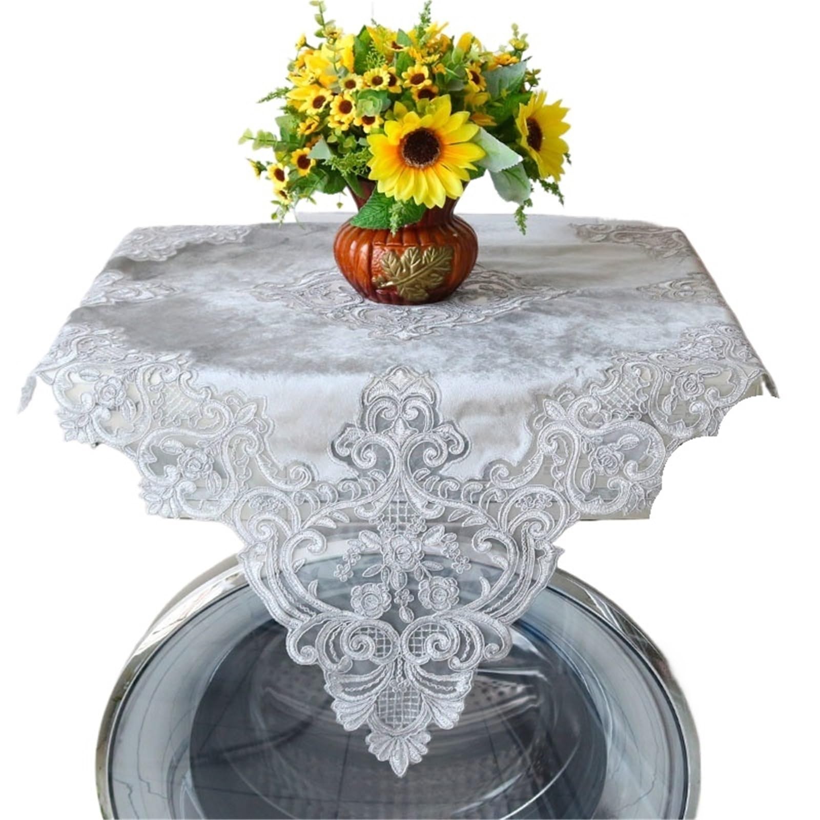 ZNTIHZ Luxury Lace Bedside Table Cover Embroidery Border Furniture Tablecloth Bedroom Round Decoration For Furniture Dresser(Grey,65x65cm)