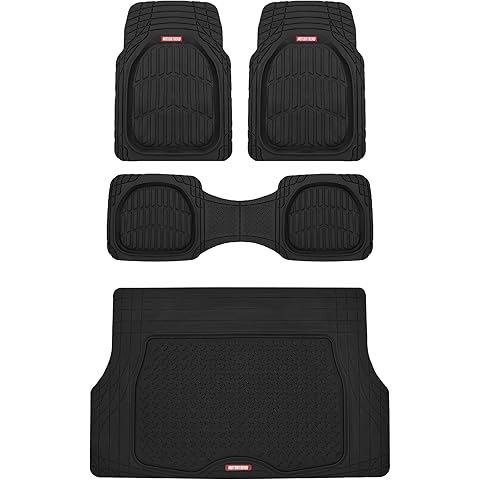 Motor Trend FlexTough 4-Piece Heavy Duty Floor Mats for Cars Trucks SUVs, Automotive Floor Mats Car Mats Full Set Front, Rear & Cargo, Trim-To-Fit Semi-Custom Deep Dish All Weather Rubber Mats - Black