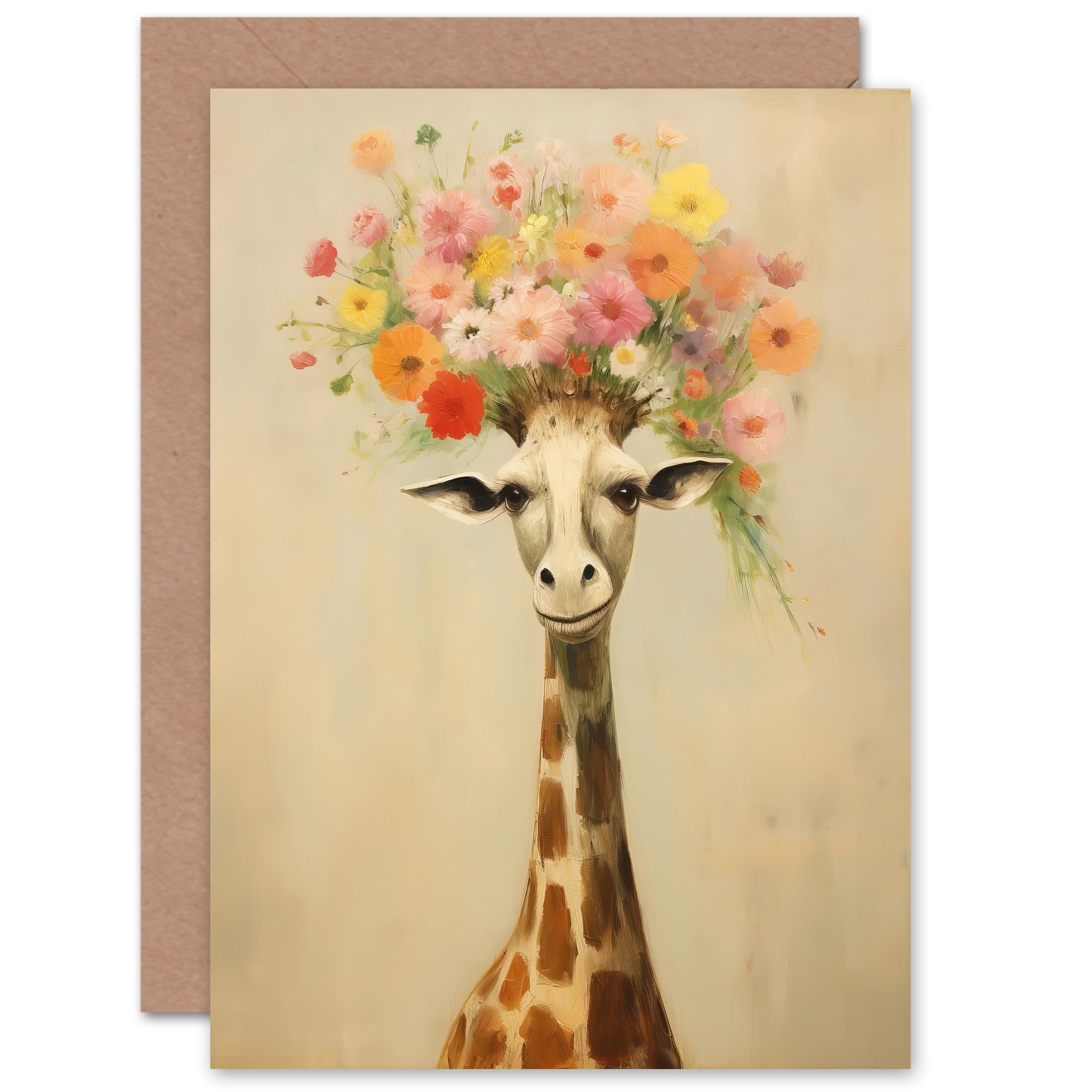 Artery8 Greeting Card - Cheerful Giraffe Wildflower Bouquet Hat - Birthday Thank You Card