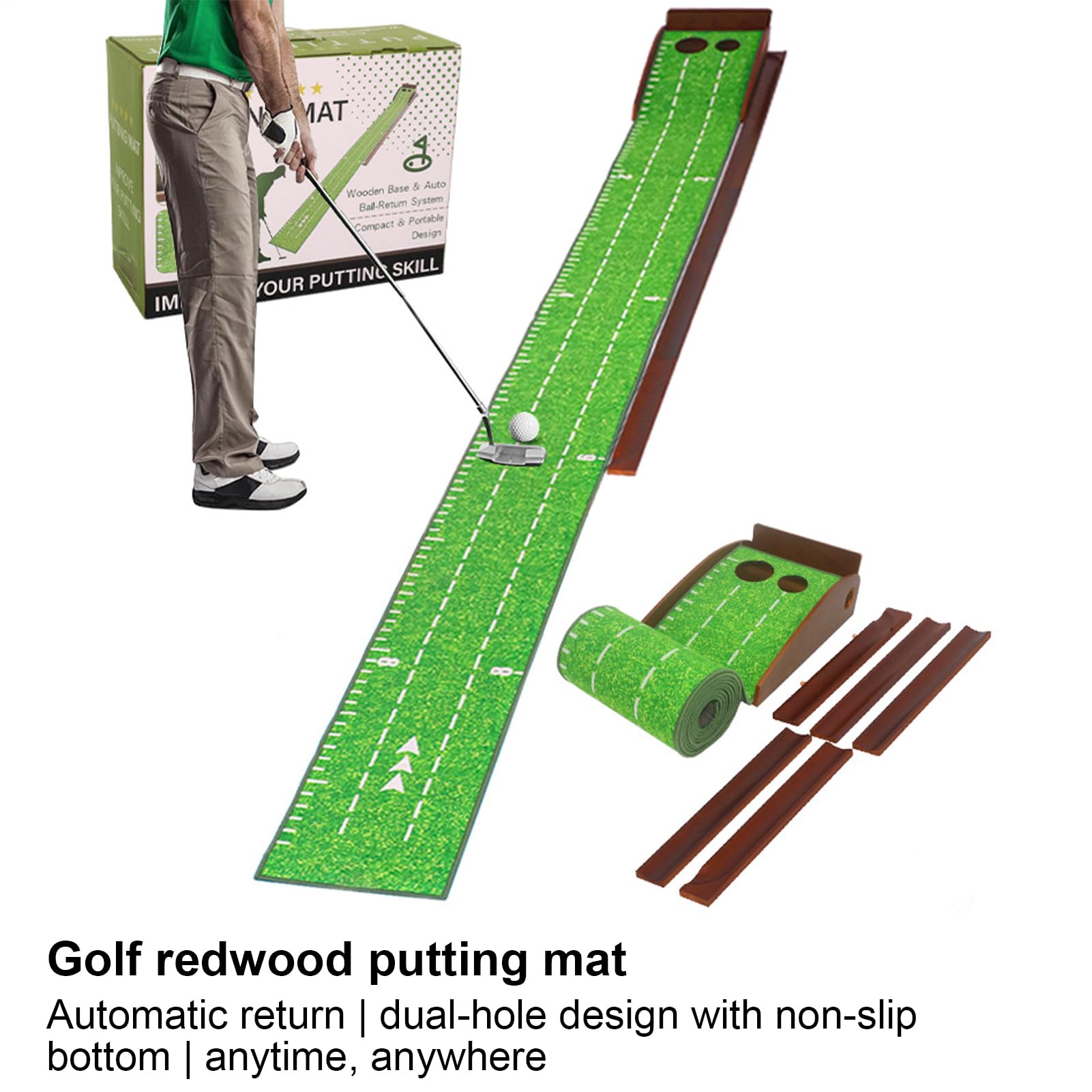 Alfombra de Putting de Golf Construcción en Madera Sólida con 2 Hoyos para | Alfombrilla de Putting Plegable Para Hombres Y Mujeres Adultos, Exterior Y